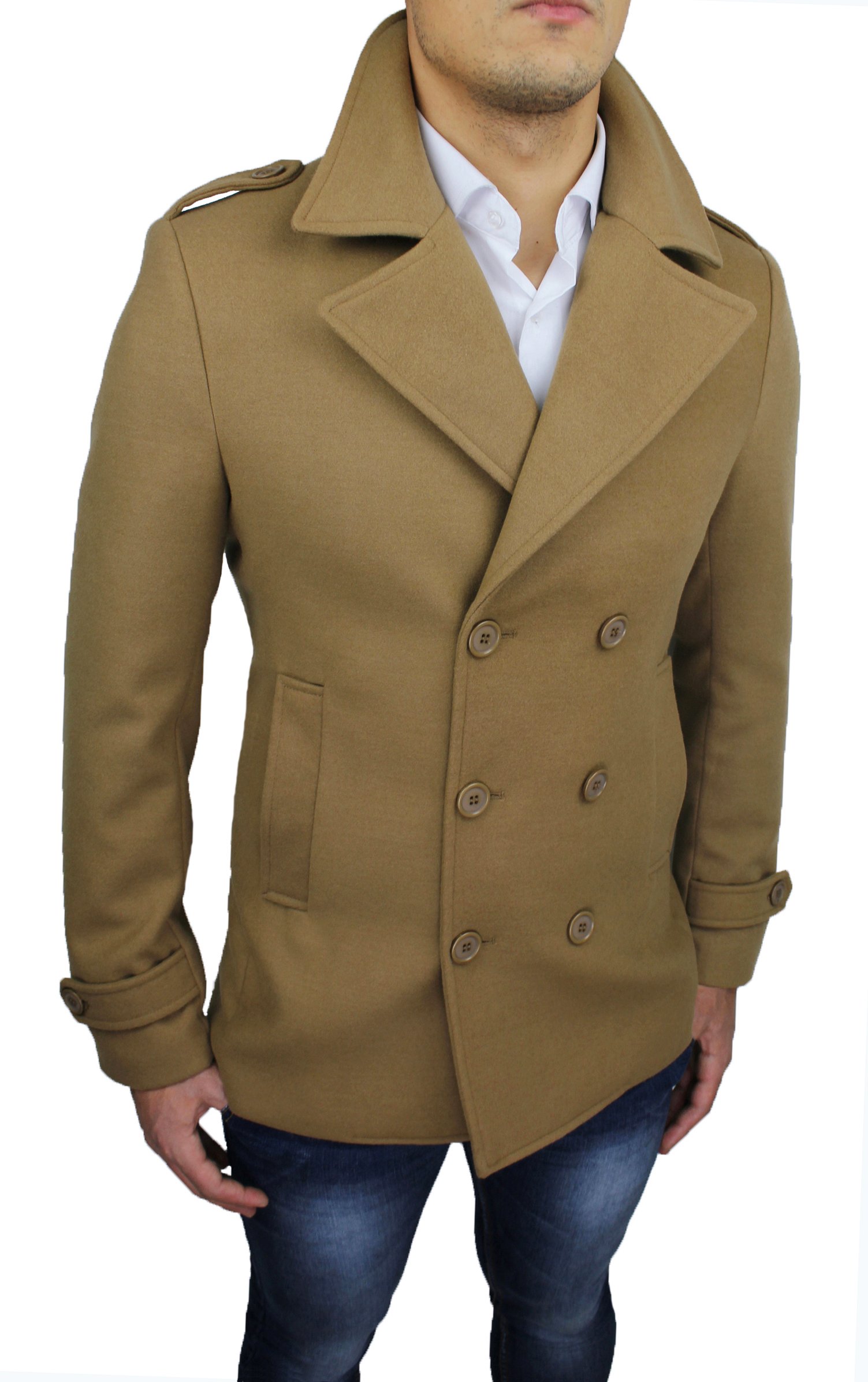 Cappotto Uomo Cammello Casual Elegante Doppiopetto Beige Slim Fit Invernale