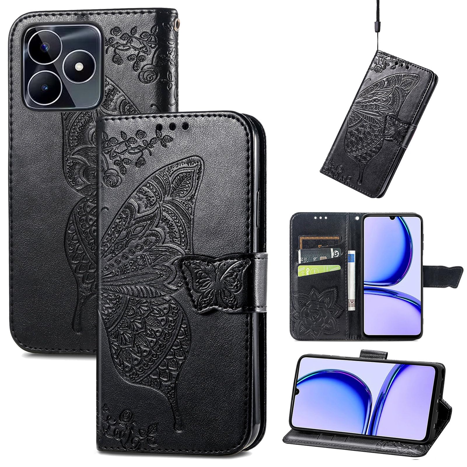 Custodia A Libro WBWONE In Pelle PU Per Realme C51 / Realme Note 50 – Quadrifoglio Fortunato – Rossa Con Slot Porta Carte E Supporto - 2
