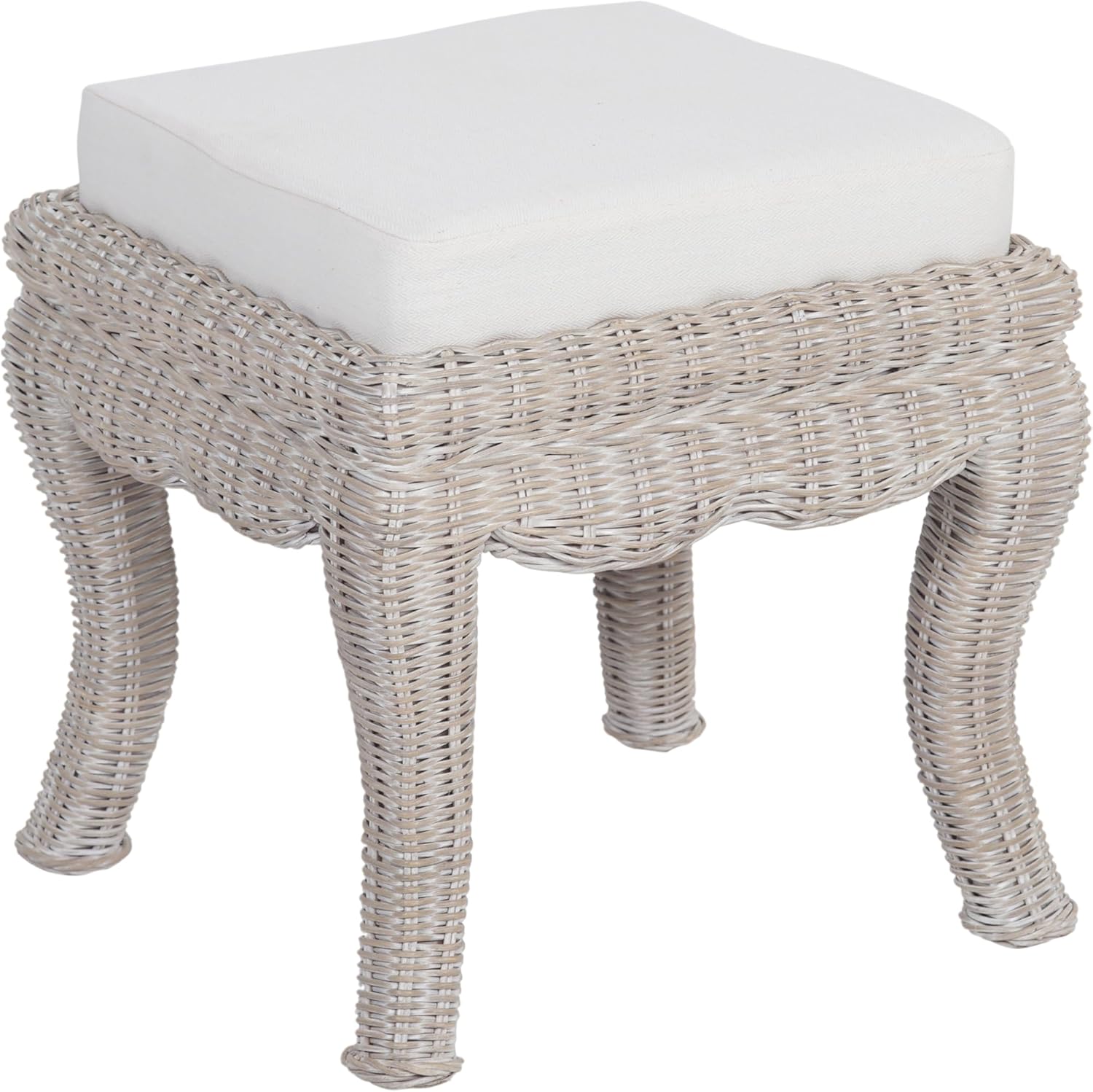 JONATHAN Y VSL1000C Rowan 19.7" Bohemian Designer Woven Rattan/Wood Ottoman Vanity Stool, White Cushion Seat with Gray White Wash Binded Base, for Living Room, Bedroom, Entryway, Foyer