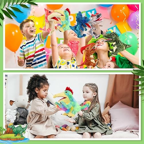Miniatura 5 de Wettarn 10 marionetas de mano de dinosaurio de 11.8 pulgadas con boca movible abierta, marionetas de animales de peluche, juguete interactivo,