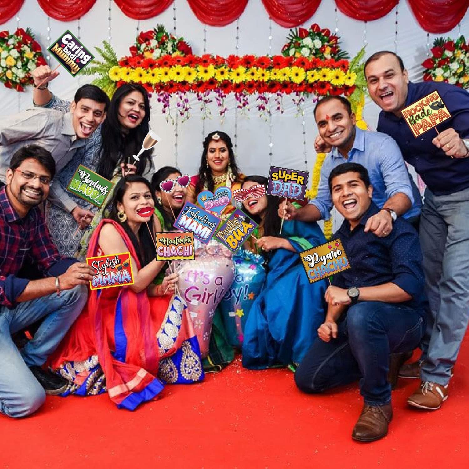 All Occasion Multi Colour Indian Family Photo Booth Party Props, Baby Shower Party Props for Family/Birthday Party Props for Family/Wedding Party Props for Family by Indian Collectible