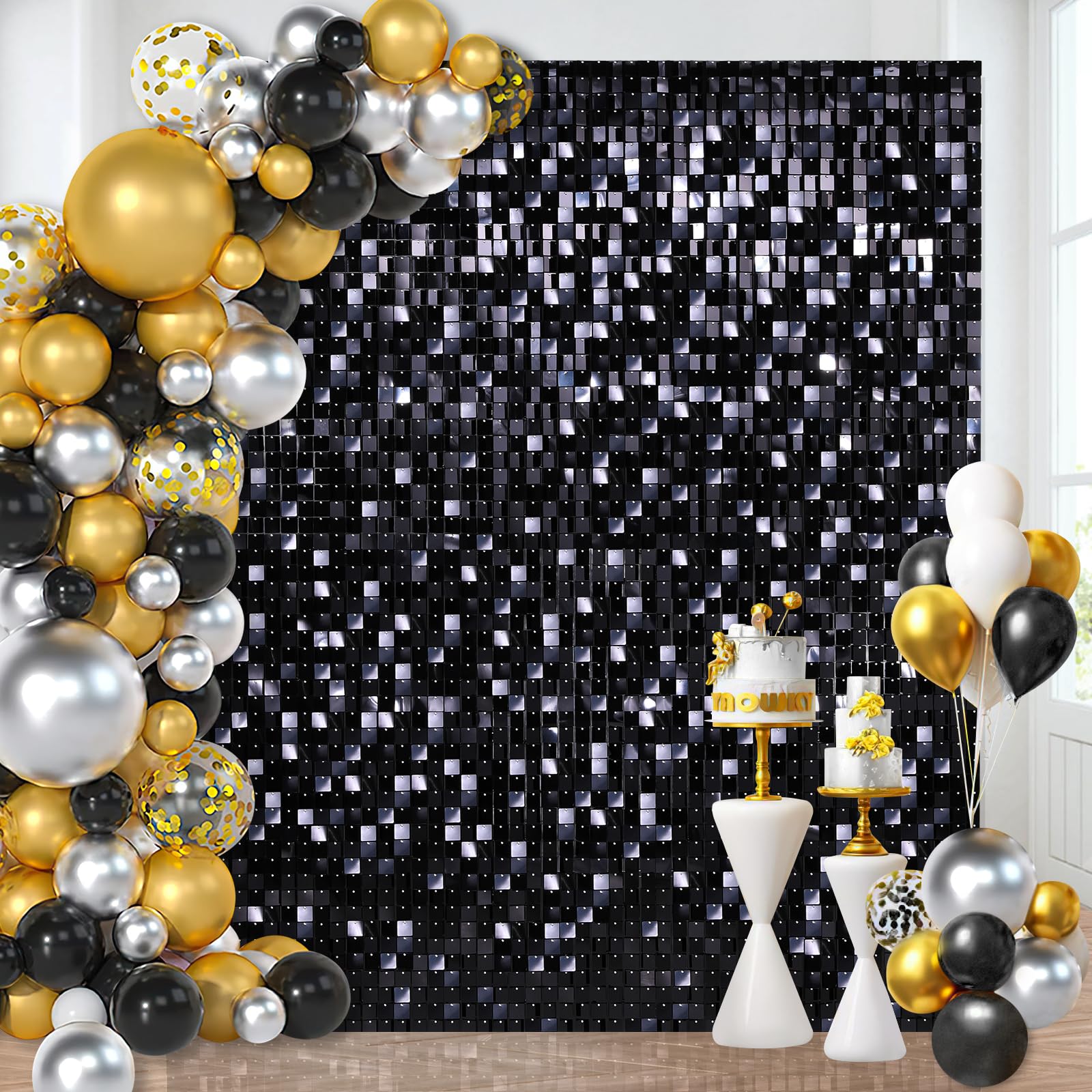 Shimmer Wall Backdrop Black Sequin Wall Panels Shiny Halloween Background 12Pcs for Event Celebration Graduation Birthday Party Decoration