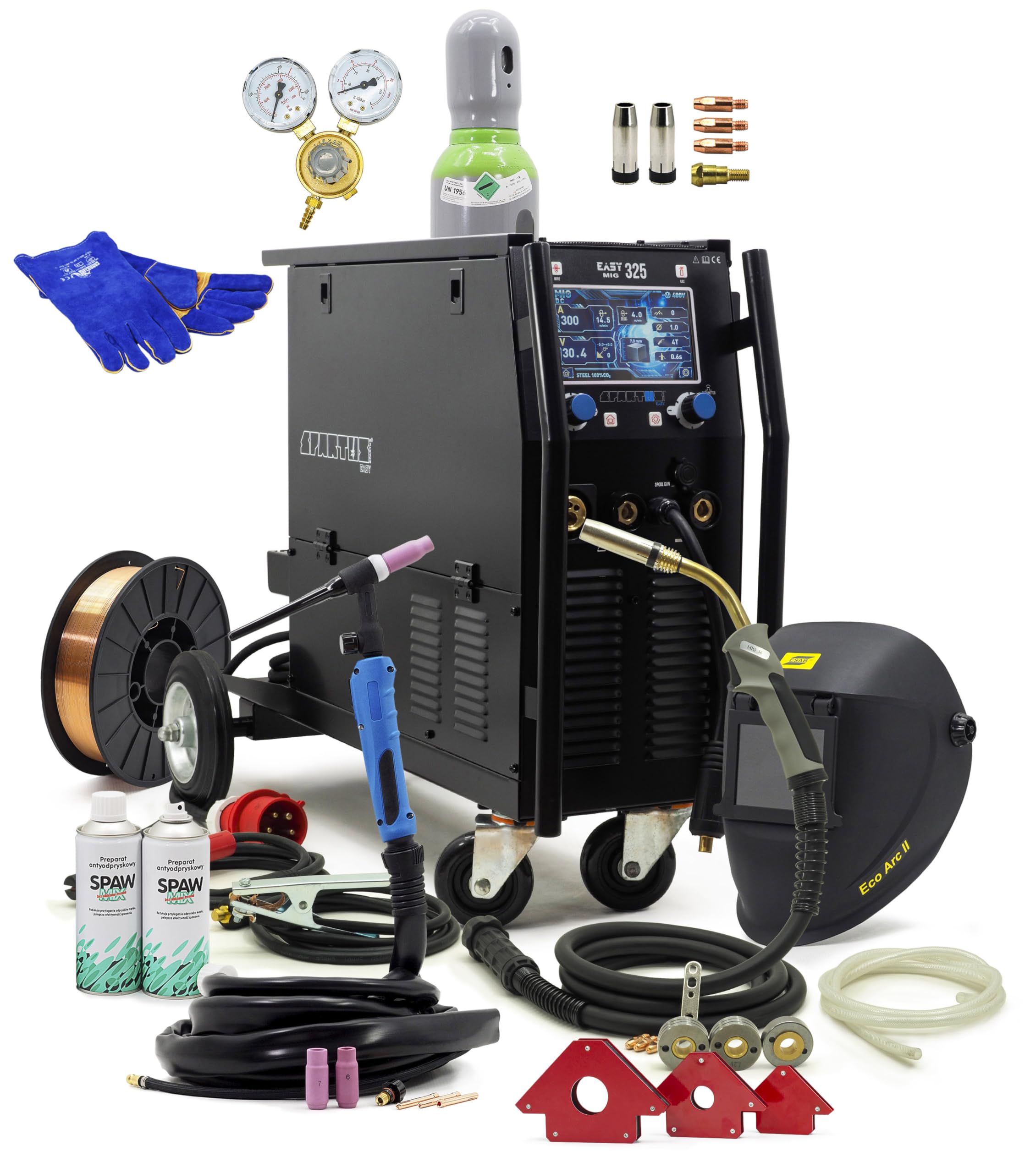 Spartus EasyMIG 325 XXL Set MIG MAG TIG saldatrice 400V 300A – Combi Inverter Set completo con casco, bombola del gas e bruciatore TIG – sinergia LCD induttanza – MMA & saldatura – completo