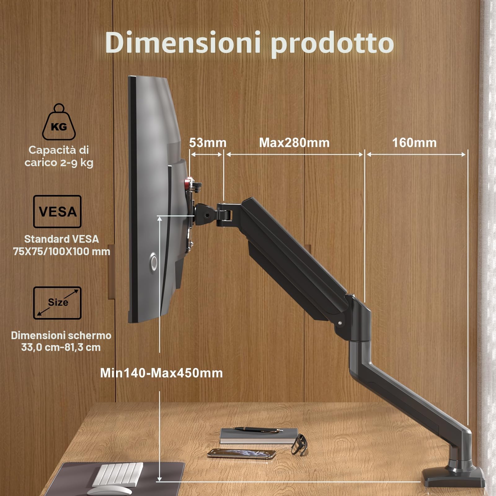 Suptek Braccio per Monitor a Molla Gas 13-32" 9 kg VESA 75x100 mm MD01A