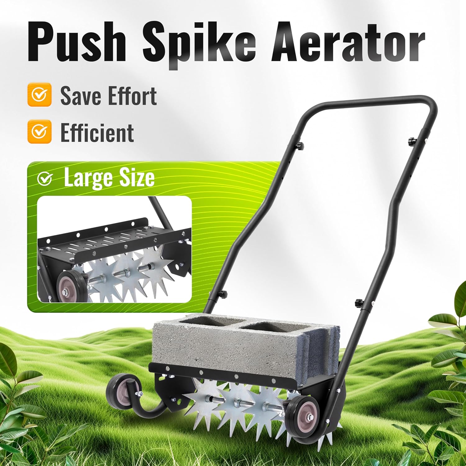Push Spike Aerator Rolling Lawn Aerator, Rotary Spike Lawn Aerator, Manual Aeration Equipment W/Handle, 2 Wheels, 5 Steel Tines Suitable for Lawns, Garden, Yard Grass Aeration