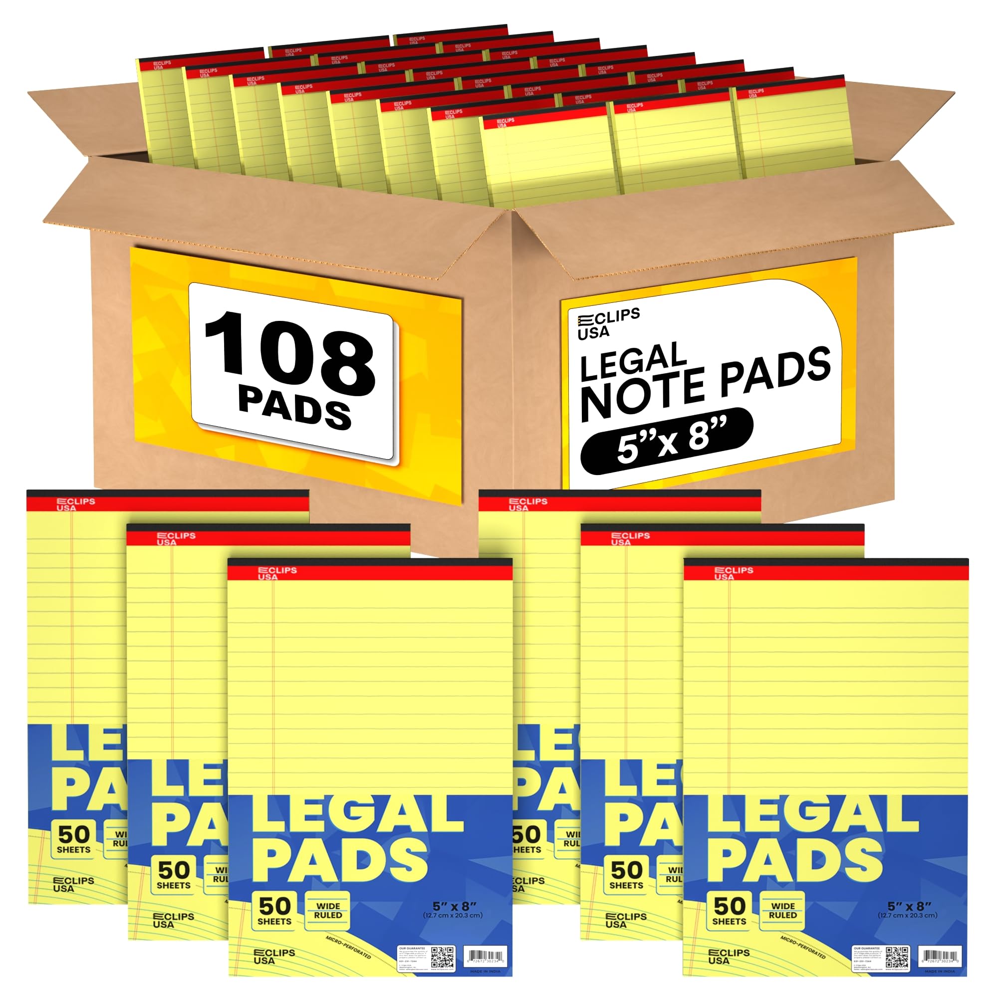 E-CLIPS USA Notepads Small Legal Pads Note Pads 5x8 Legal Wide Rule Notepad Canaray Chipboard Back Slim Writing