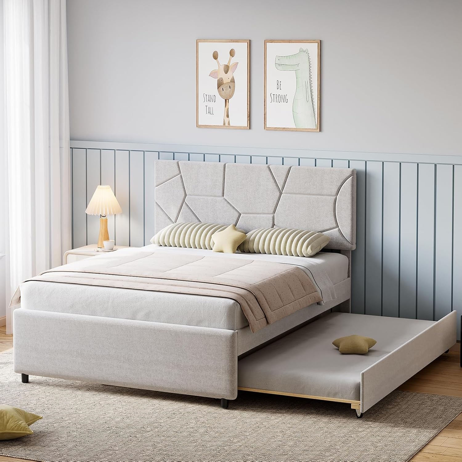 Garvee Full Size Bed Frame with Trundle, Upholstered Platform Bed Frame with Headboard, Trundle Bed Twin, Wood Slat Support, for Bedroom, Living Room, Guest Room