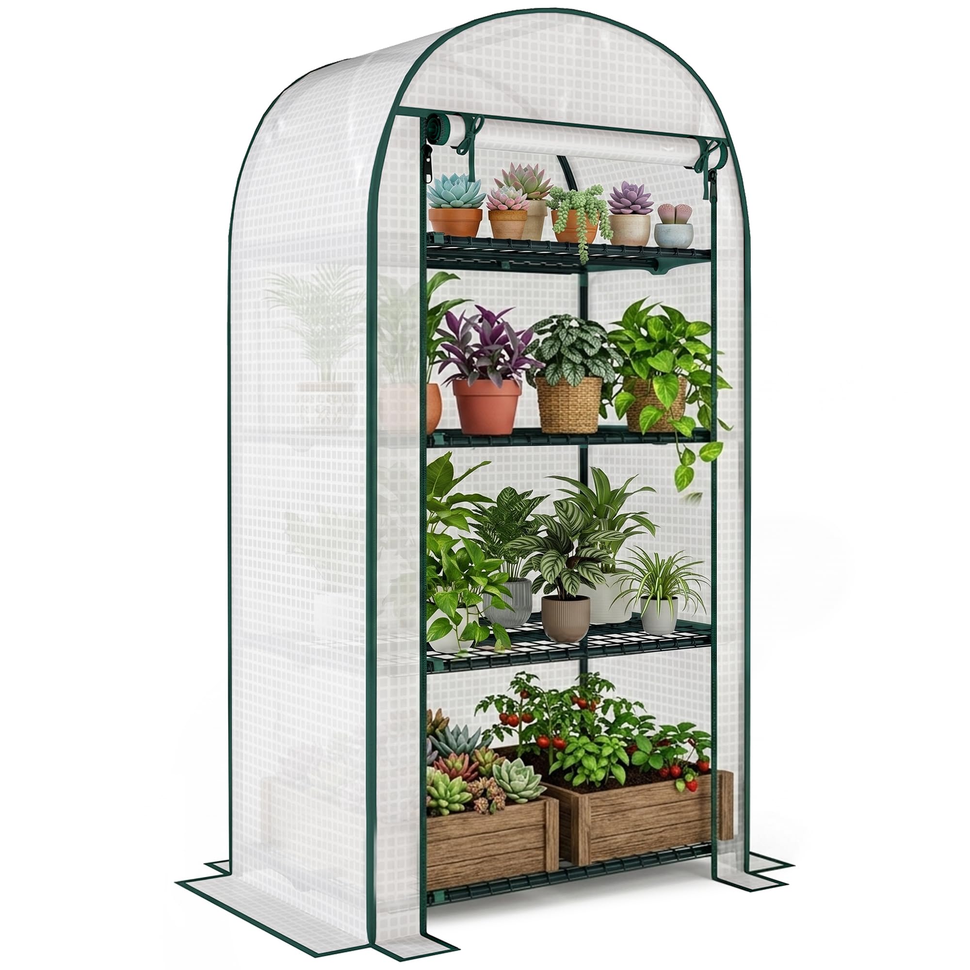 Outsunny Serra da Balcone a 4 Ripiani con Porta Avvolgibile, Serra per Orto con Struttura in Acciaio e Copertura PE, per Piante Orto Verdure Fiori Frutta, Anti UV, 80x50x160 cm, Bianco