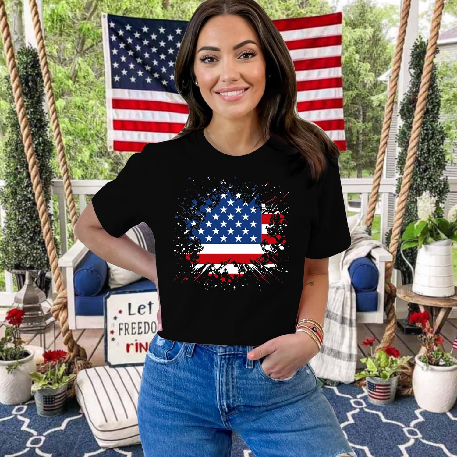 Womens American Flag Shirt USA Fireworks Patriotic Print T-Shirt 4th of July Crewneck Tee - Image 2