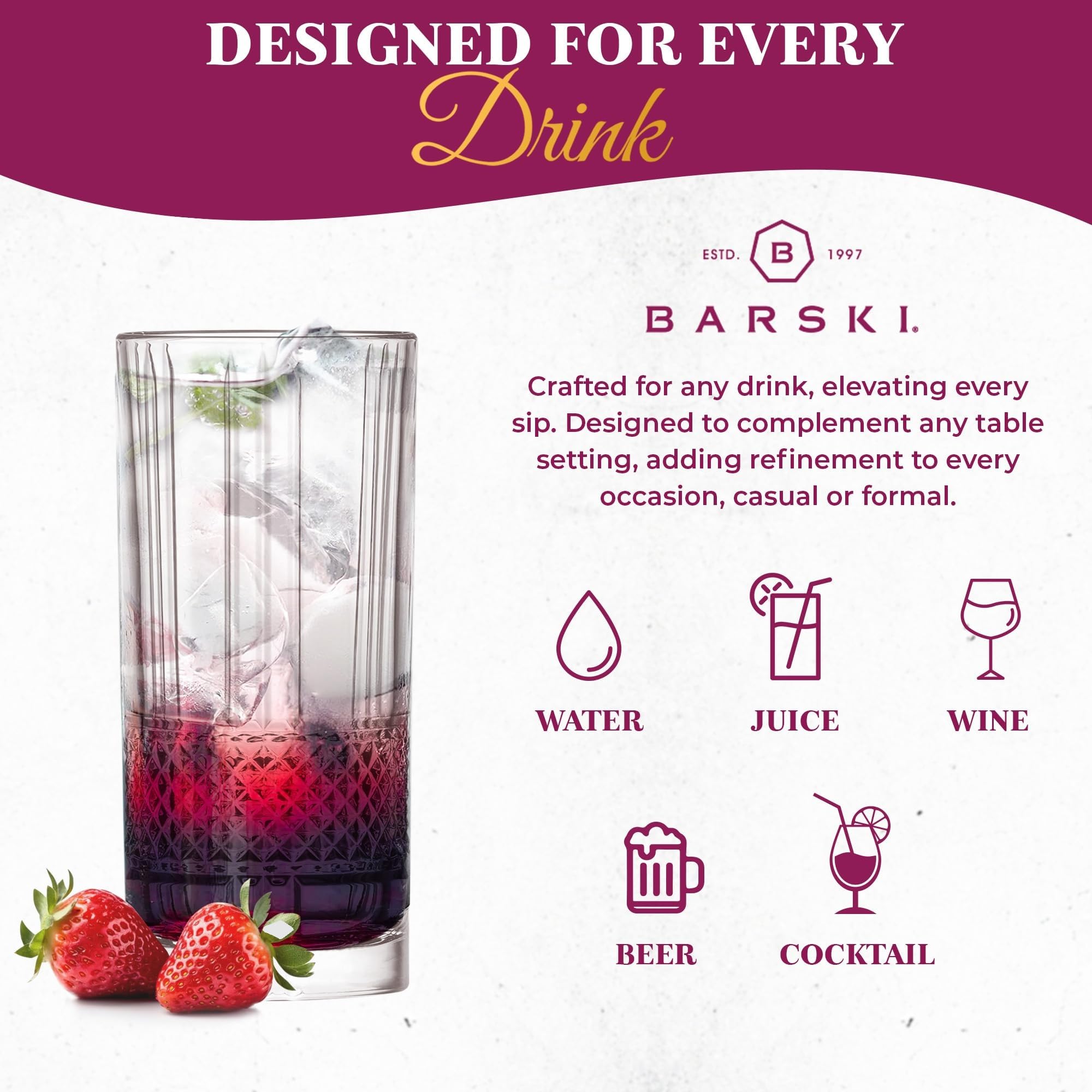 Barski Highball-Glas – Trinkgläser – 2er-Set – Hiball-Becher – Glaskristallbecher – für Wasser, Saft, Bier, gemischte Cocktails, Mojito-Glas, Tom Collins Bar Glaswaren, 370 ml, hergestellt in Europa
