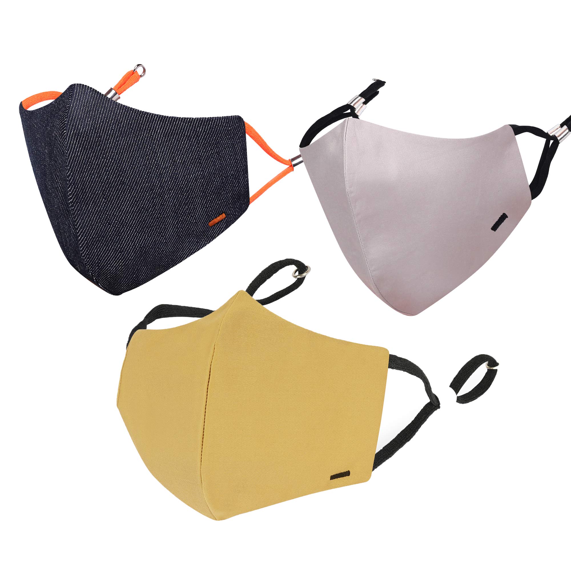 MASQ By Q-One Dash 4 Layer Reusable, Washable with Ear Adjusters, Anti-Bacterial (BFE>99%) Embroidered Cotton Cloth Face Mask for Men, Boys (Large, Denim Blue-Yellow-Beige, Pack of 3)-image-6
