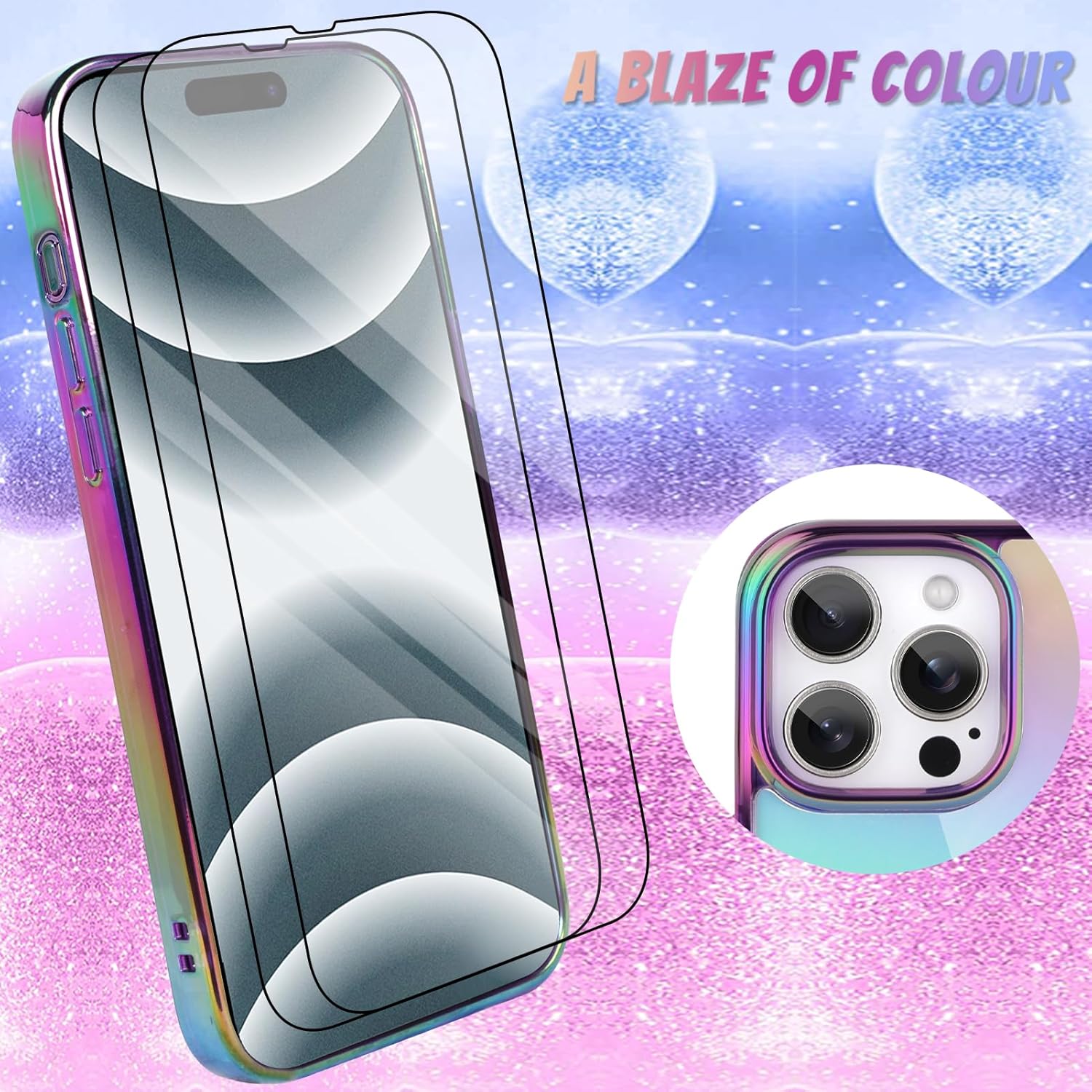 Bonoma Compatible with iPhone 16 Pro Max Case Bling Laser Florescent Iridescent Crystal Luxury Camera Protector + 2* Screen Protector Shockproof Edge Cover -Purple - Image 2