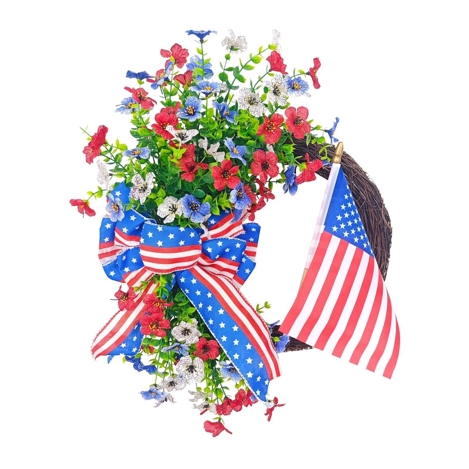 Photo 1 of American Patriotic 4th of July Wreaths for Front Door Red White and Blue Patriotic Wreath with American Flag Independence Day Wreath Memorial Day Wreaths for Front Door Wall Home Party Decor (A) 8"
