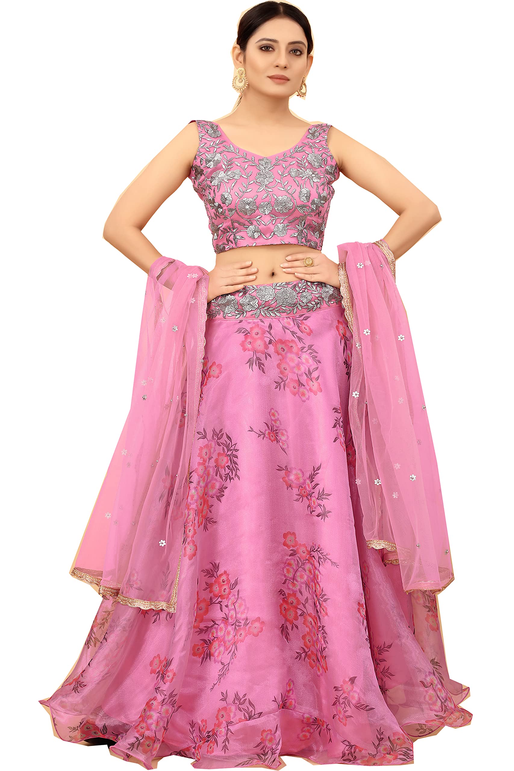 EthnicYard Womens Organza Printed Pink Lehenga Choli (SSEY1-L8002)