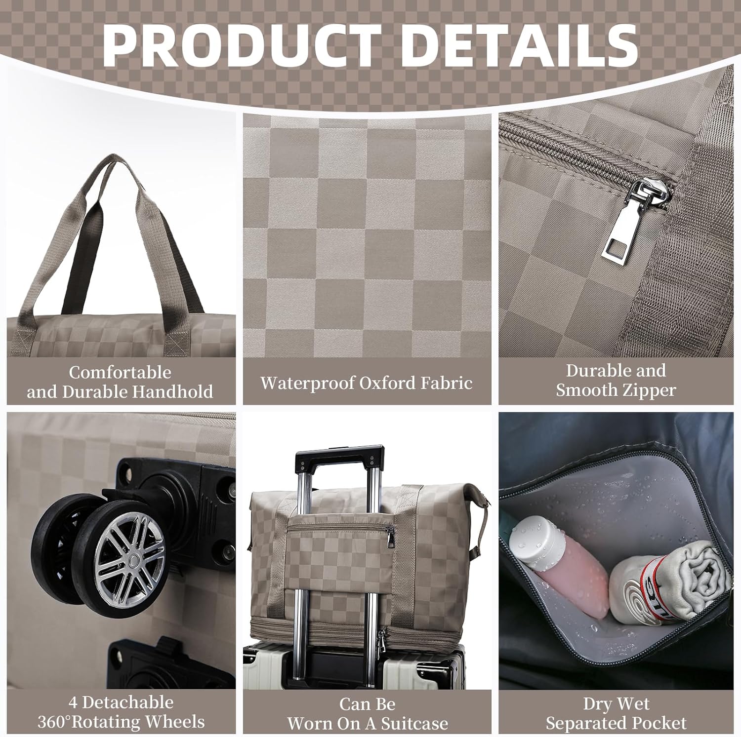 Rolling Duffle Bag with Wheels Expandable Foldable Travel Duffel Bag Checkerboard Carry on Luggage Bag Weekender Bag for Men Women - Image 4