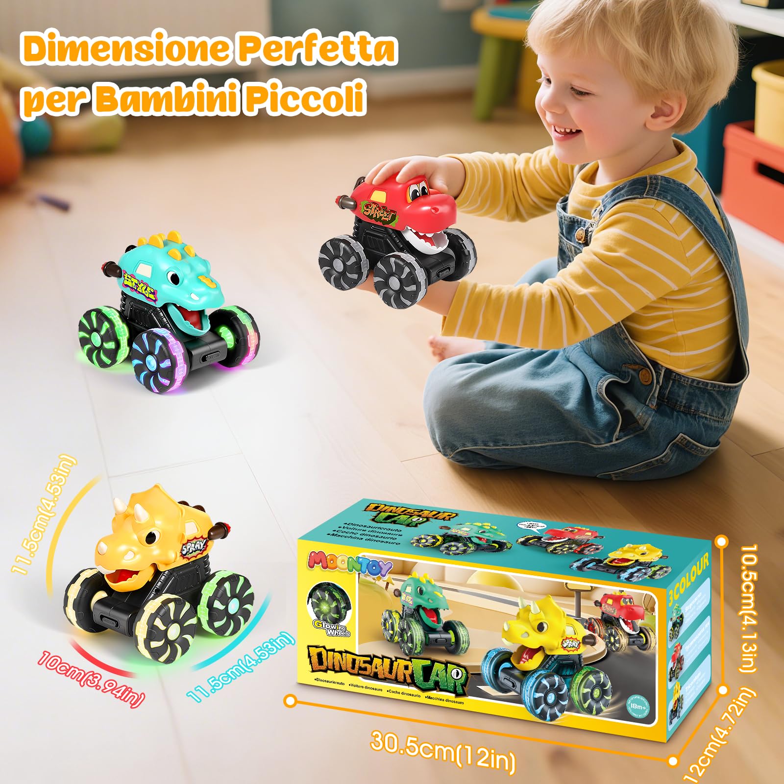 MOONTOY 3 Pezzi Dinosauro Giocattolo con Luci, Monster Truck Press and Go, Macchinina Bambino 1 Anno, Regalo di Compleanno e Natale per Bambini e Bambine 1 2 3 Anni