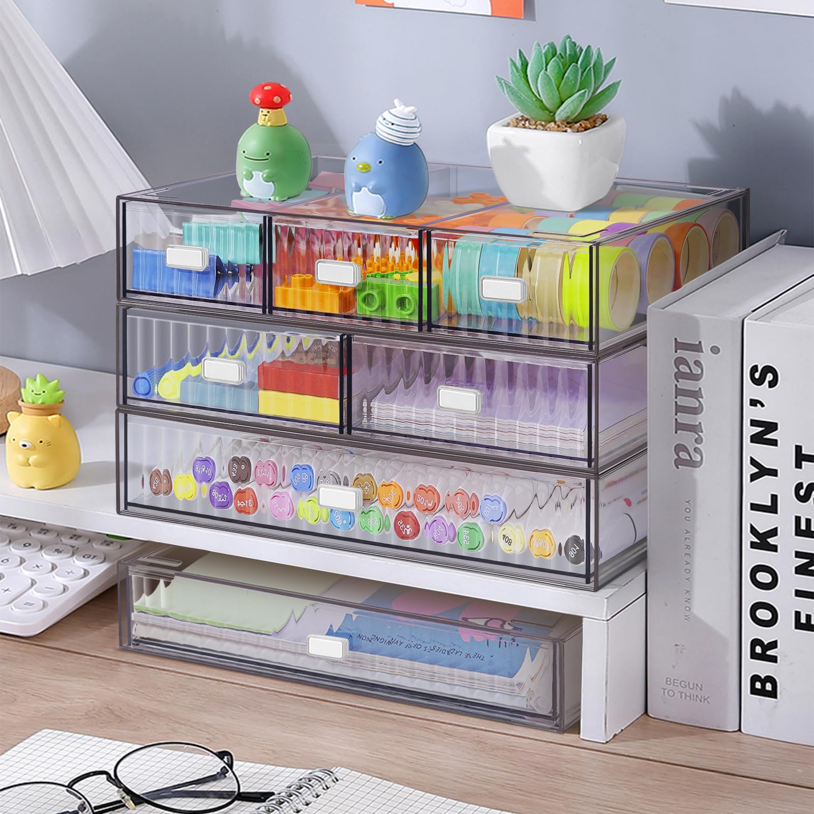 Organizer impilabile a 3 livelli con 6 cassetti, scatola portaoggetti da scrivania in plastica, cassetti da scrivania, organizer staccabile per trucchi e articoli di cancelleria per ufficio per la