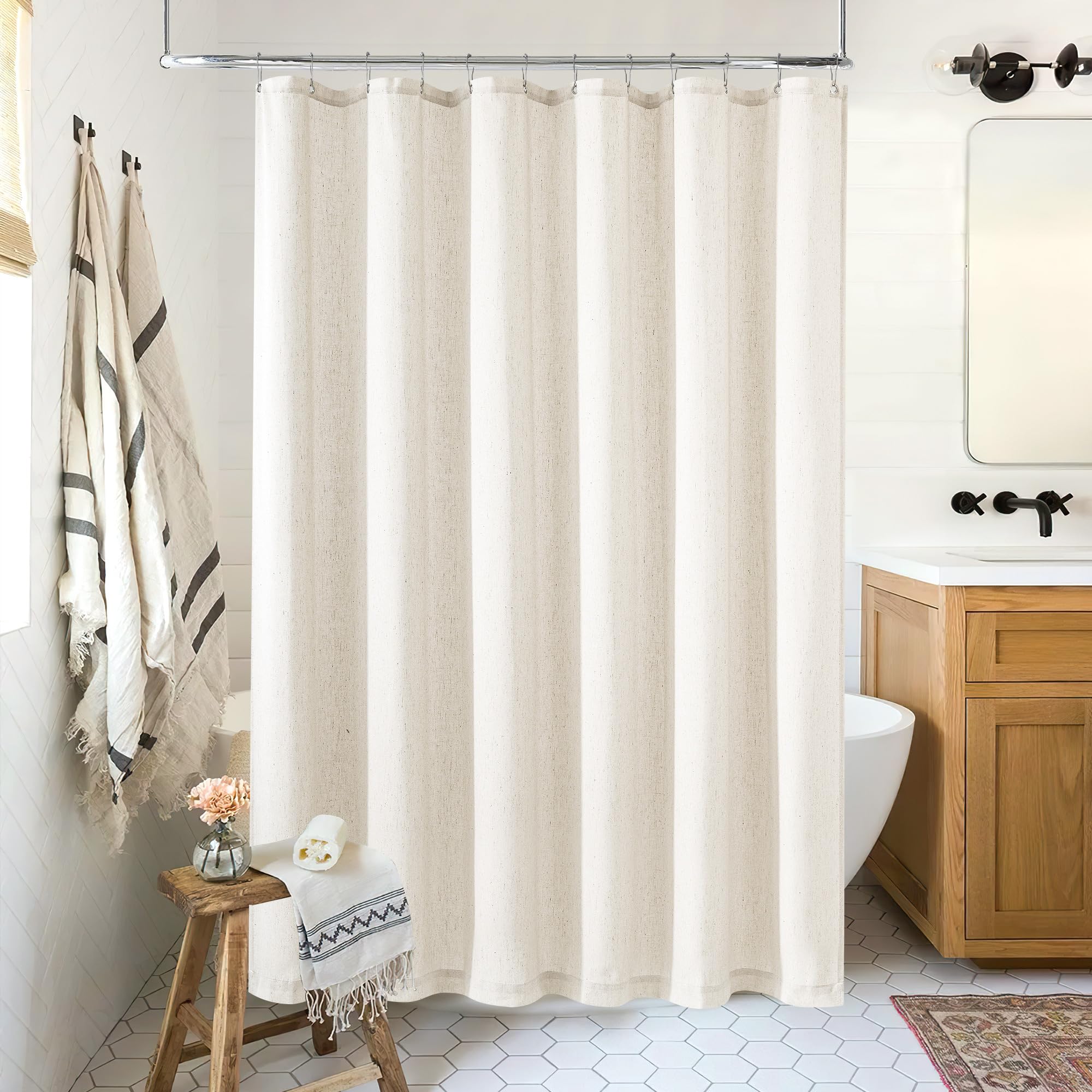 Rideau de douche mignon en lin crème extra long de 190 cm - Rideau de douche moderne bohème en tissu de luxe neutre - Tissu résistant à l'eau avec crochets pour salle de bain, baignoire