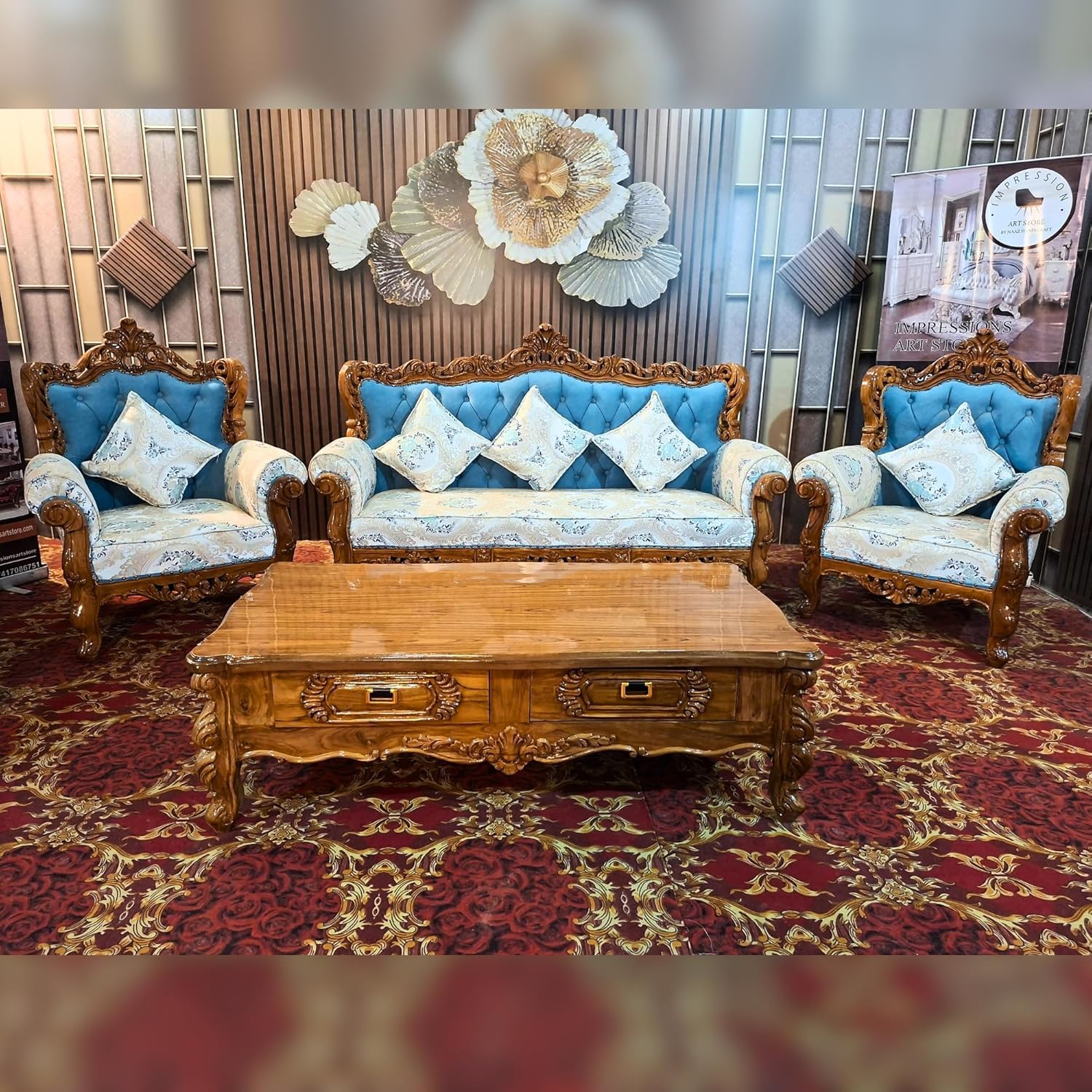 Sofa Set 5 Seater 3+1+1 for Living Room with Center Table | Handcarving Design | Teakwood for Home Room Living Room Office Hotels Wooden Furniture-image-23