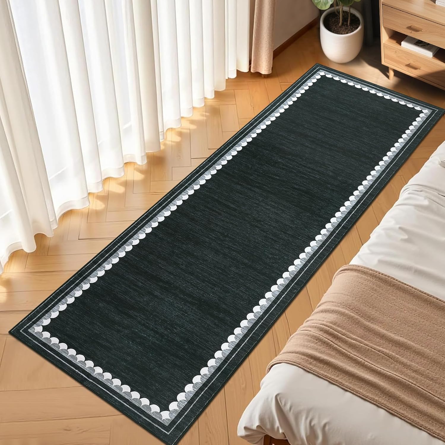 Garvee Washable Scalloped 2x6 Runner Rug for Hallway Bathroom Rug Runner Non Slip Kitchen Mats Low Pile Solid Black Rugs Stain Resistant Contemporary Border Carpet for Entryway Laundry Bedside