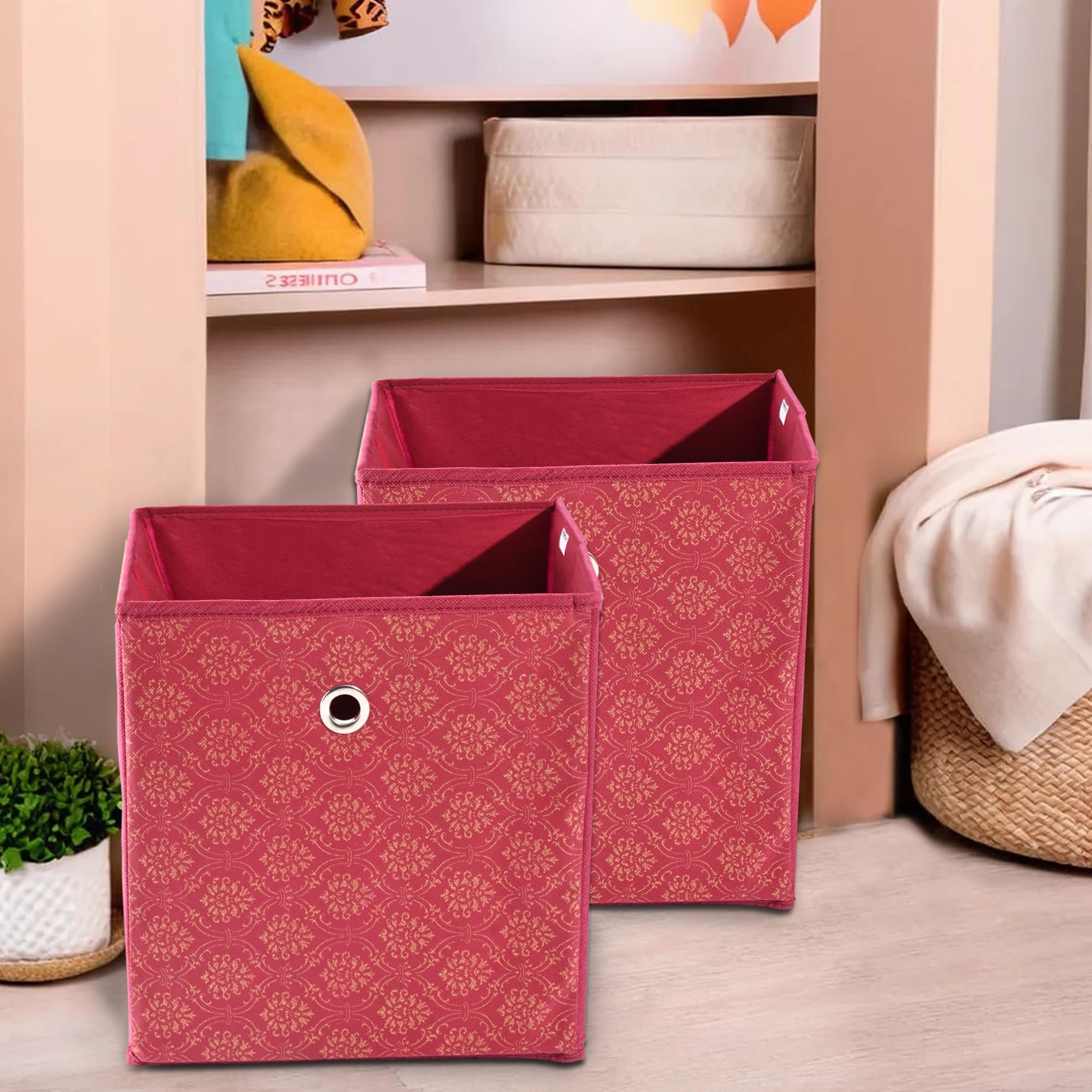 Kuber Industries Pack of 2 Storage Box | Foldable Square Storage Box with Ring | Golden Print | Cloth Organiser for Wardrobe | Non-Woven | Cupboard Organizer | Ideal for Toys, Books, Shoes | Maroon