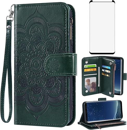 Asuwish Funda de teléfono para Samsung Galaxy S8 con protector de pantalla de vidrio templado y soporte de tarjeta de crédito con tapa de flores,