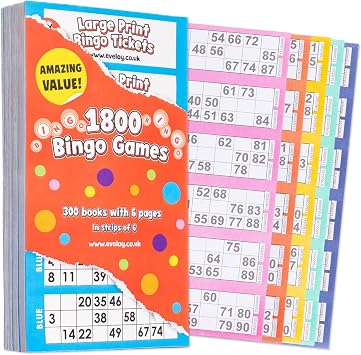 evelay Bingo Books 50 Pack | 6 Page Books Large Print 1800 Tickets Multi-Coloured with Security Codes | Easy Tear-Out Bingo Cards
