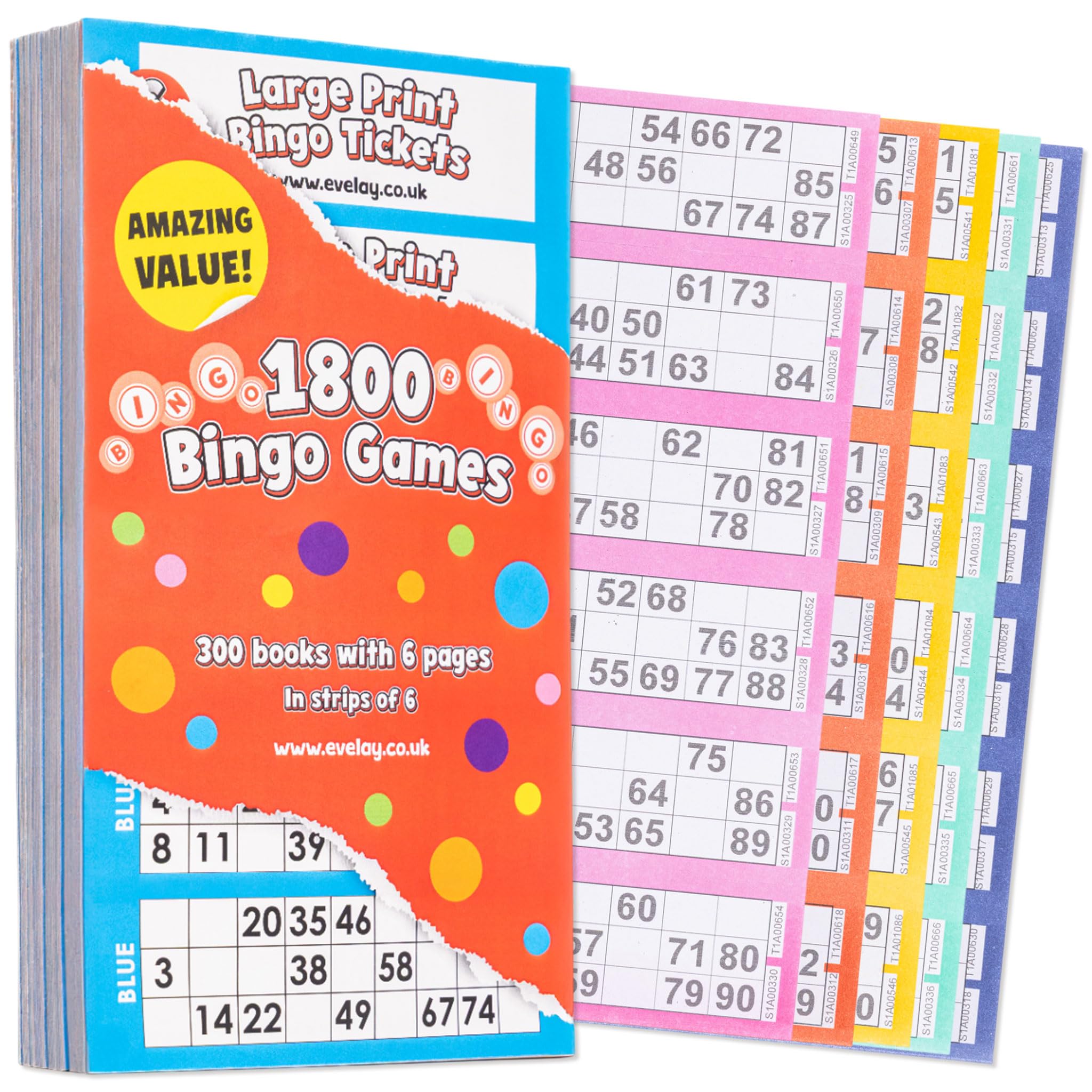 evelay Bingo Books 50 Pack | 6 Page Books Large Print 1800 Tickets Multi-Coloured with Security Codes | Easy Tear-Out Bingo Cards