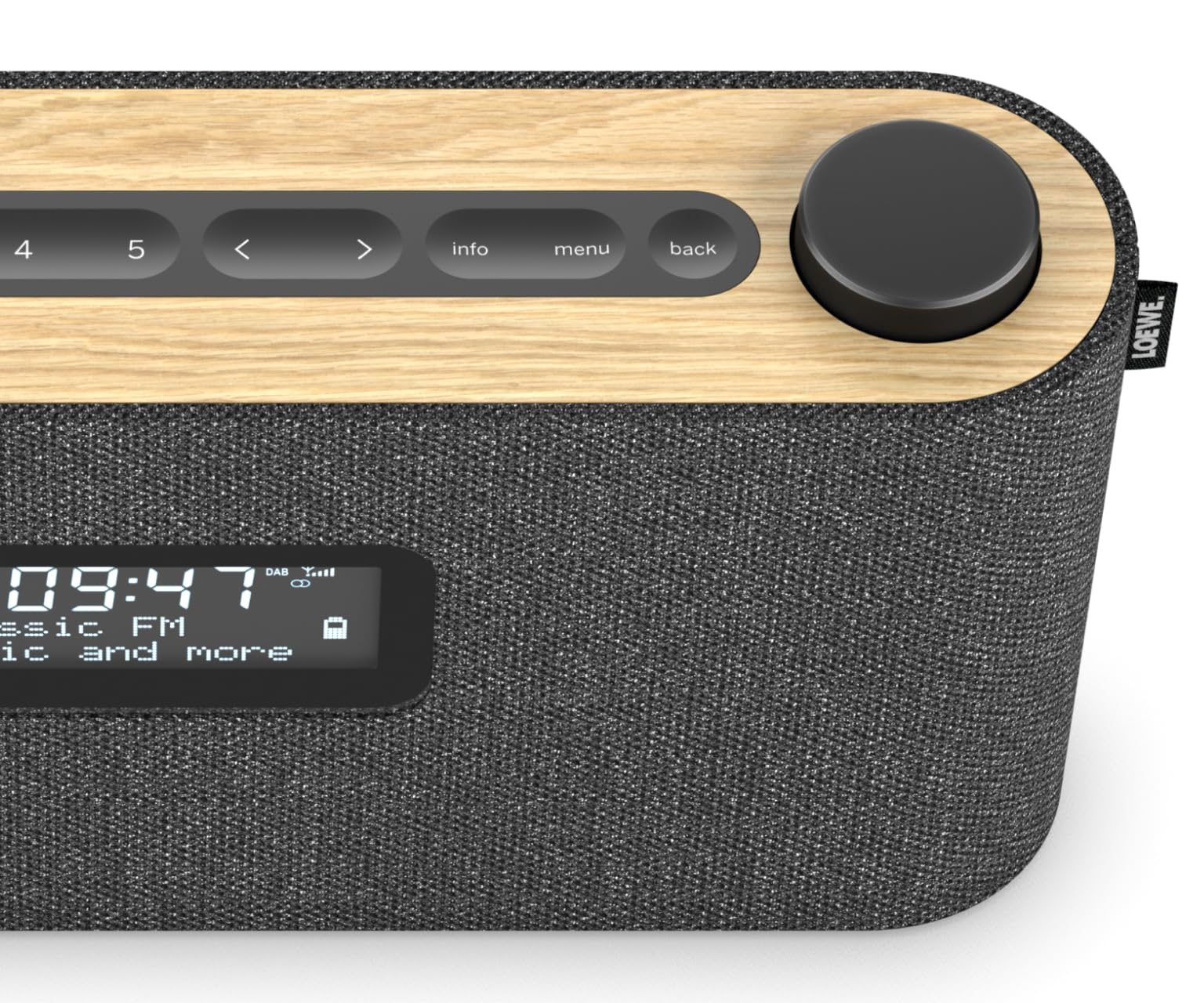 Loewe Radio.Frequency, Radio Dab+, 28 vatios de Sonido, Pantalla LCD, 14 Horas de Tiempo de reproducción, Madera, Tela, Radio, Larga duración de la batería, manejo fácil.