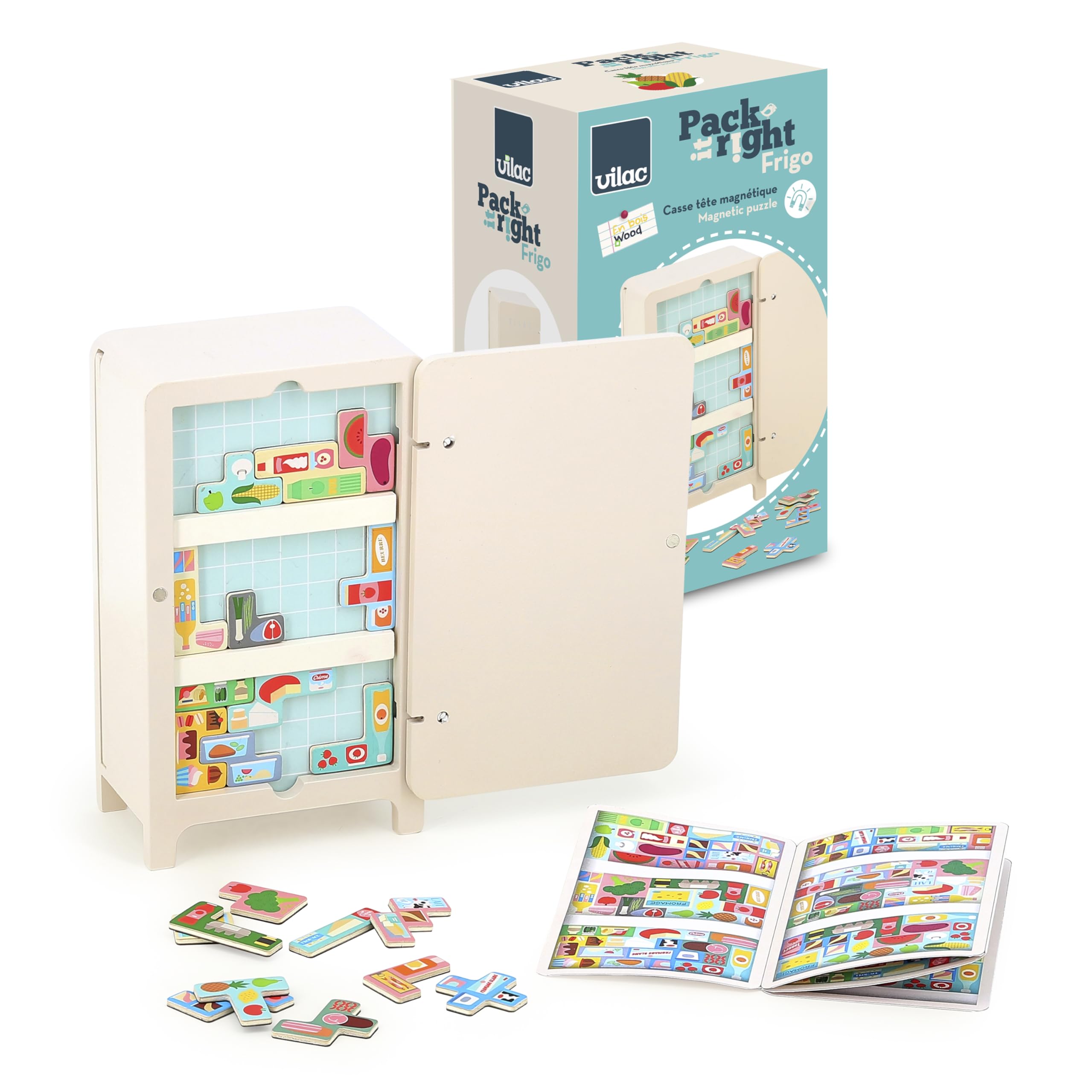VILAC - Pack it Right Frigo - Ingela P.​Arrhenius - Jeux Créatifs - 1 frigo en Bois + 21 pièces magnétiques + 2 clayettes en Bois magnétiques - Jeux en Bois - Dès 5 Ans - 7640
