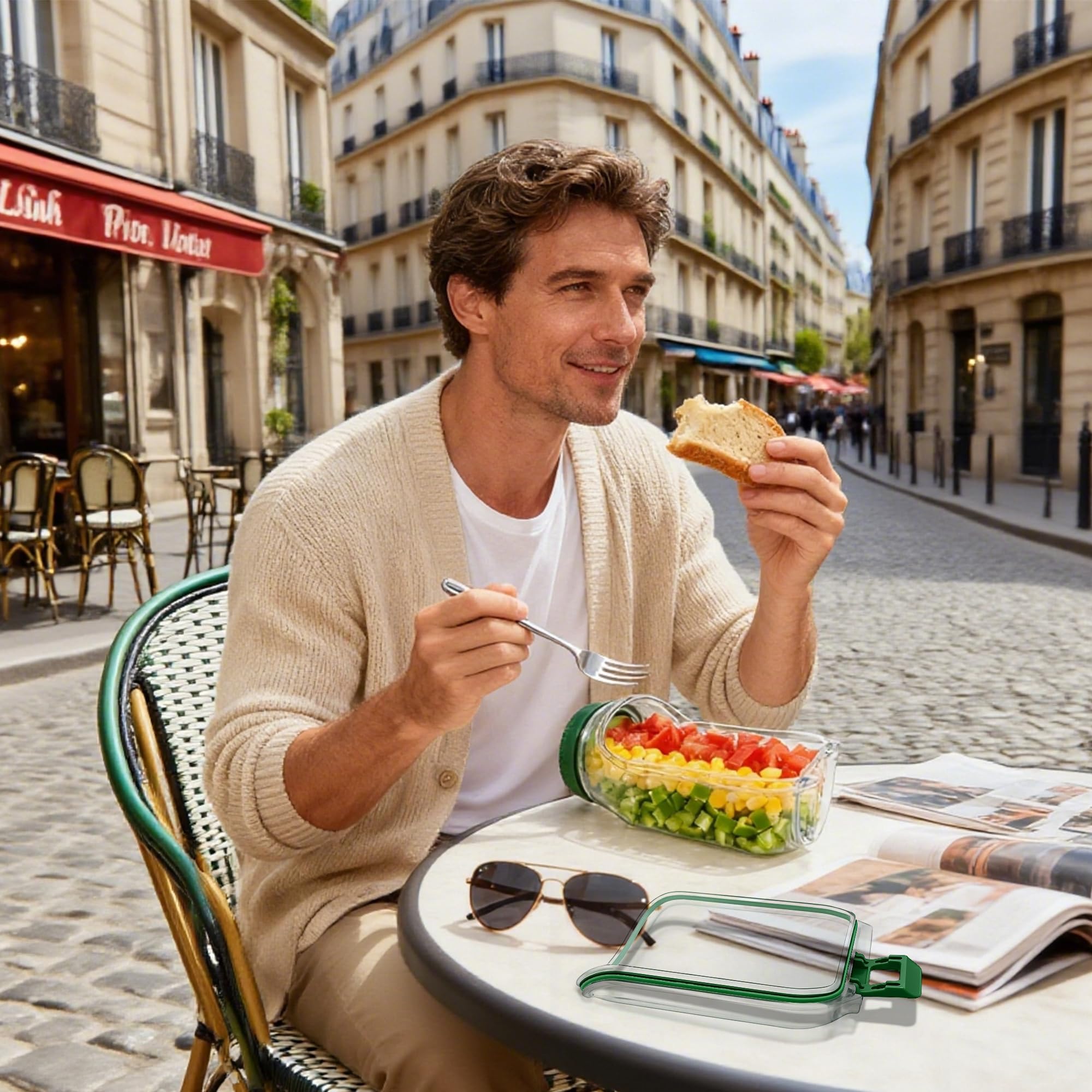 サラダジャー サラダポット容器 蓋付 密閉防漏 側開き 垂直層1/2個設計 フォーク付き 取り外し可能 便利 携帯用 保存容器 (緑) - 4