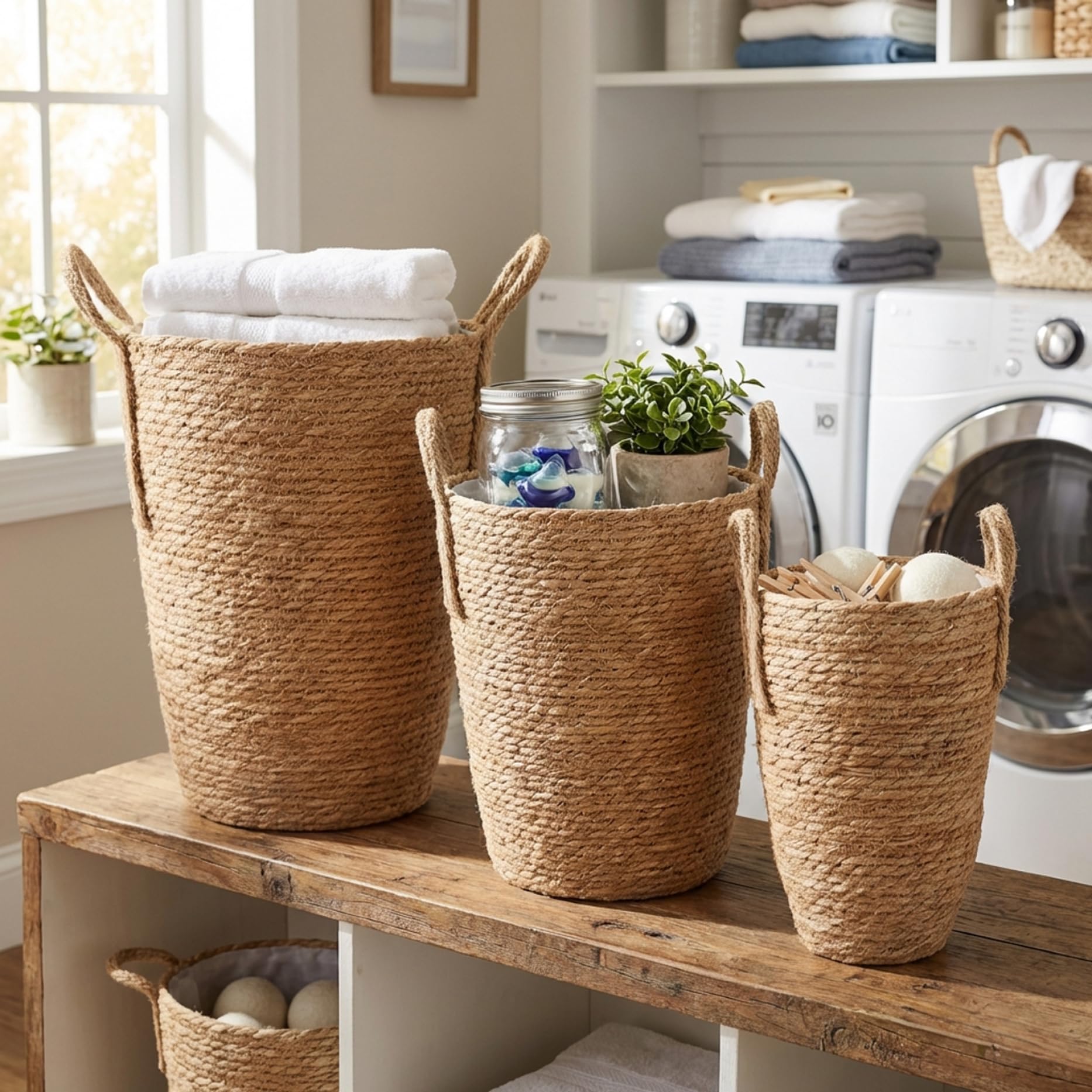 Fioriera in rattan da 3 pezzi, cesto per piante intrecciato in alghe marine di 3 dimensioni con rivestimento impermeabile, cestini per piante da interno con maniglia per la decorazione domestica del