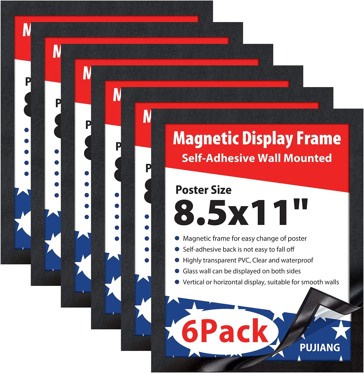 8.5"x11" Magnetic Sign Holder, Double Sided Window Self-Adhesive Frame, Transparent PVC and Strong Magnetic Display Frame for Home/Office/Poster/Certificate/Child Artwork Display (Black,6Pack) Black 6Packs 8.5"x11"