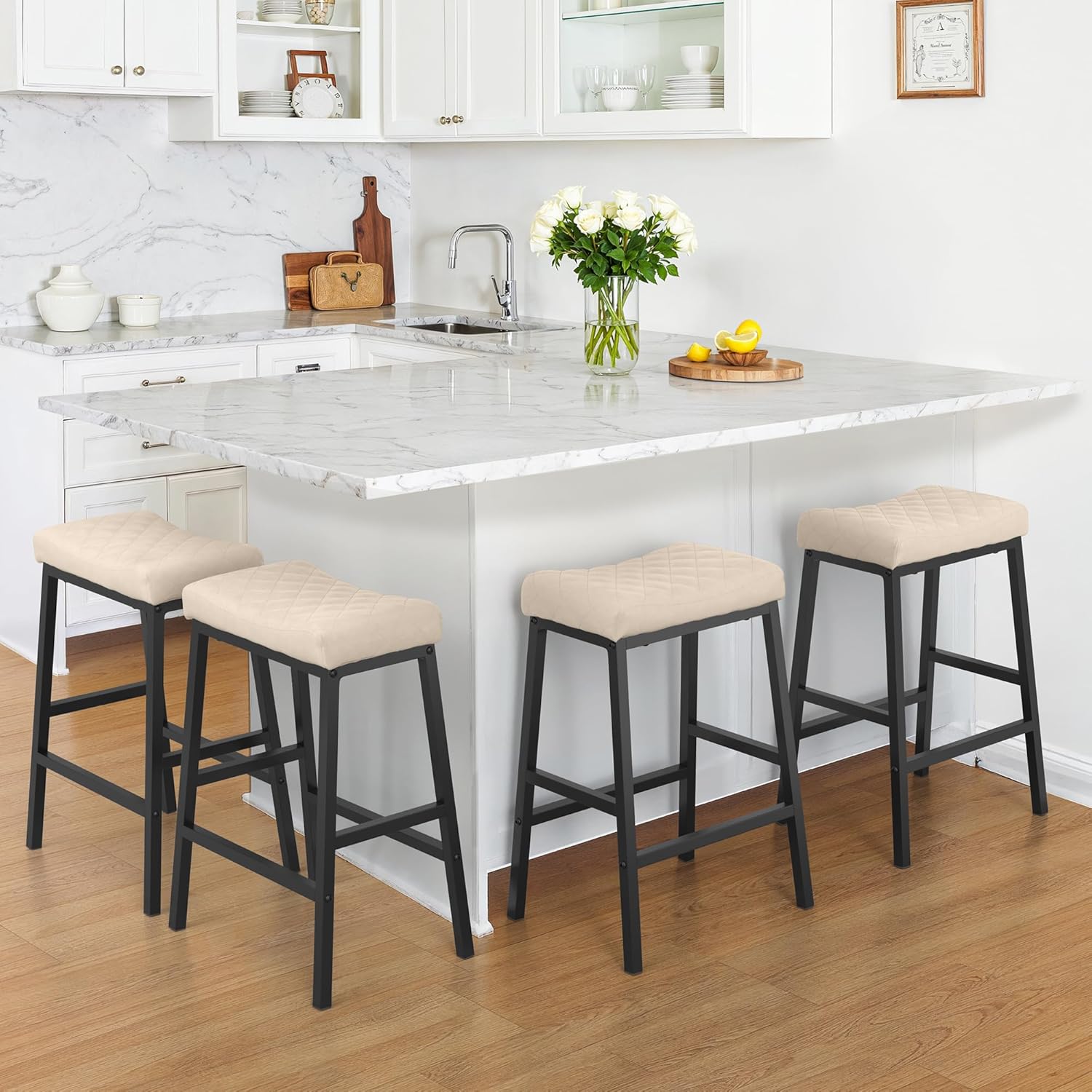 Counter Height Bar Stools Set of 4, Barstools with Thick PU Leather Saddle Seat & Sand Metal Legs, 24 Inches Kitchen Counter Stools, Apricot Gray