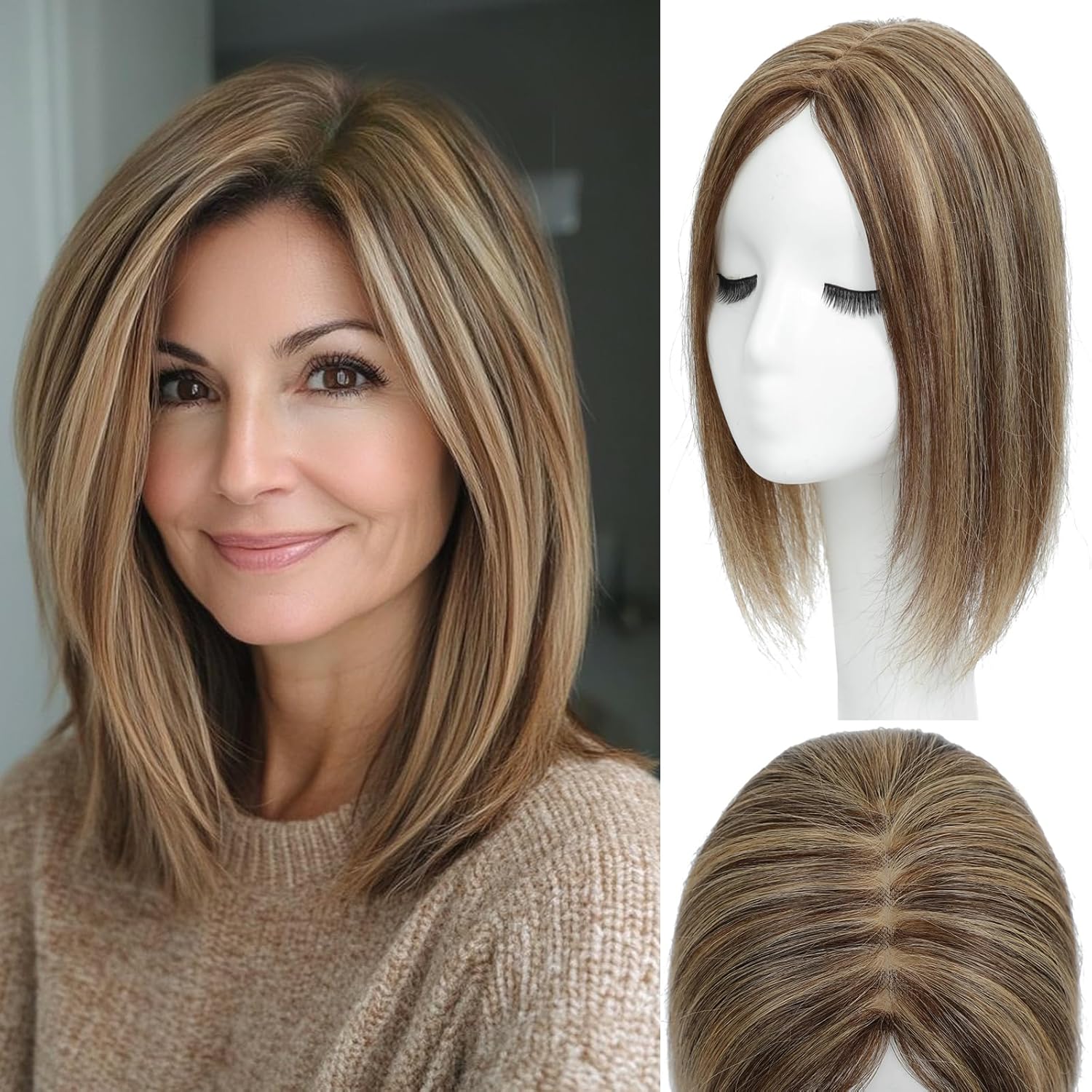 Hair Toppers for Women Real Human Hair 12 Inch Upgrade Mono Base 4.6x4 Inch Human Toppers for Women with Thinning No Bangs for Add Volume（Medium Brown and Honey Blonde Mix）