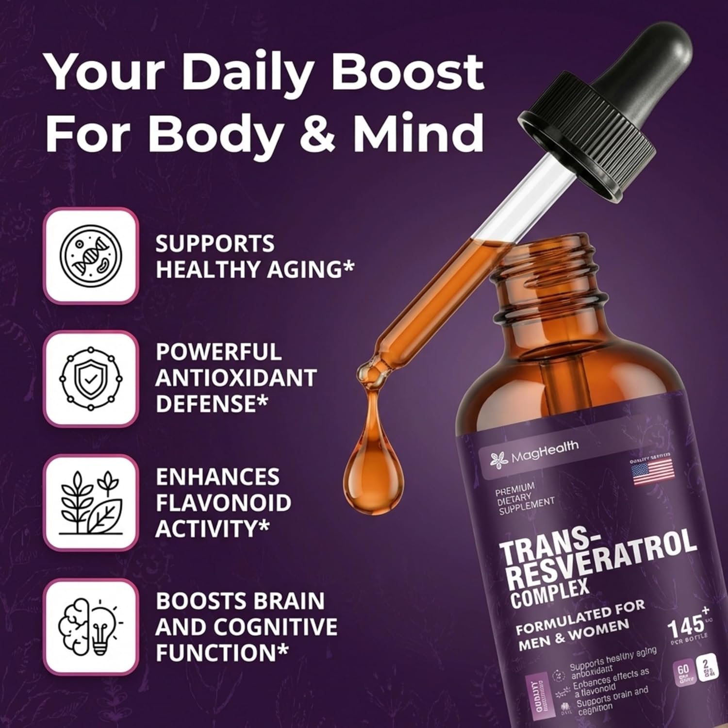 Trans-Resveratrol with PQQ, Quercetin & Black Pepper Tincture | 3rd Party Tested | Cellular Energy & Heart Health Support | Sourced from Japanese Knotweed - 2 oz (60 Servings)