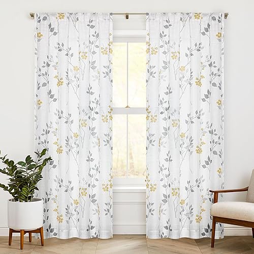 Beauoop Floral Linen Semi Sheer Curtains 84 Inches Long 2 Panels for Living Room Bedroom Yellow Grey Farmhouse Flower Patterned Light Filtering Textured Rod Pocket Window Treatments Drapes, 50x84