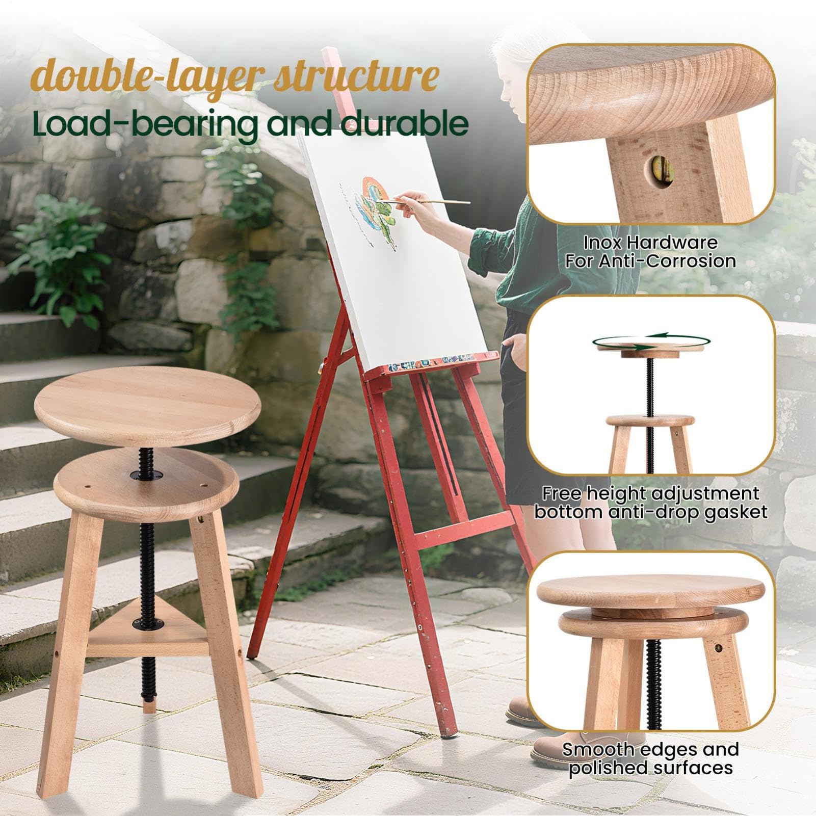 Sgabello regolabile in altezza, in legno, diametro 30 cm, altezza 48-65 cm, girevole a 360 gradi, ideale per artisti, cucina, ufficio, studio, sgabello da disegno, sgabello artistico, sgabello da bar