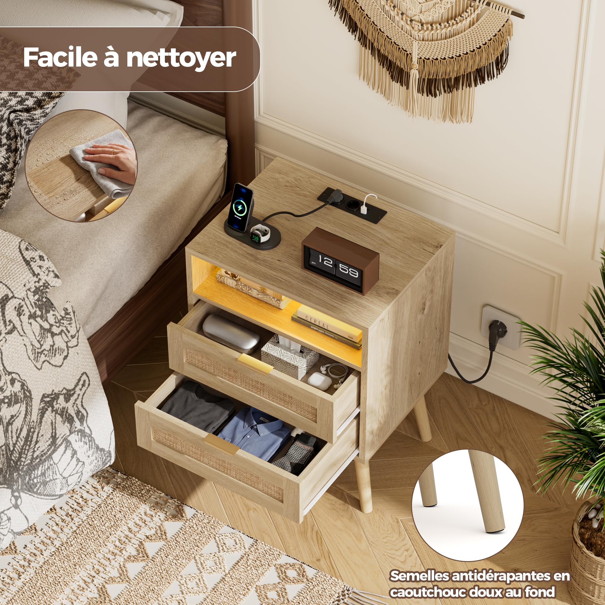 BonVache Table de Chevet Lot de 2 avec Lumière Réglable, Table de Nuit, Prise intégrée et Ports USB-A & C, Compartiment Ouvert et 2 Tiroirs en Cannage, Pieds en Bois Massif, Rotin Naturel