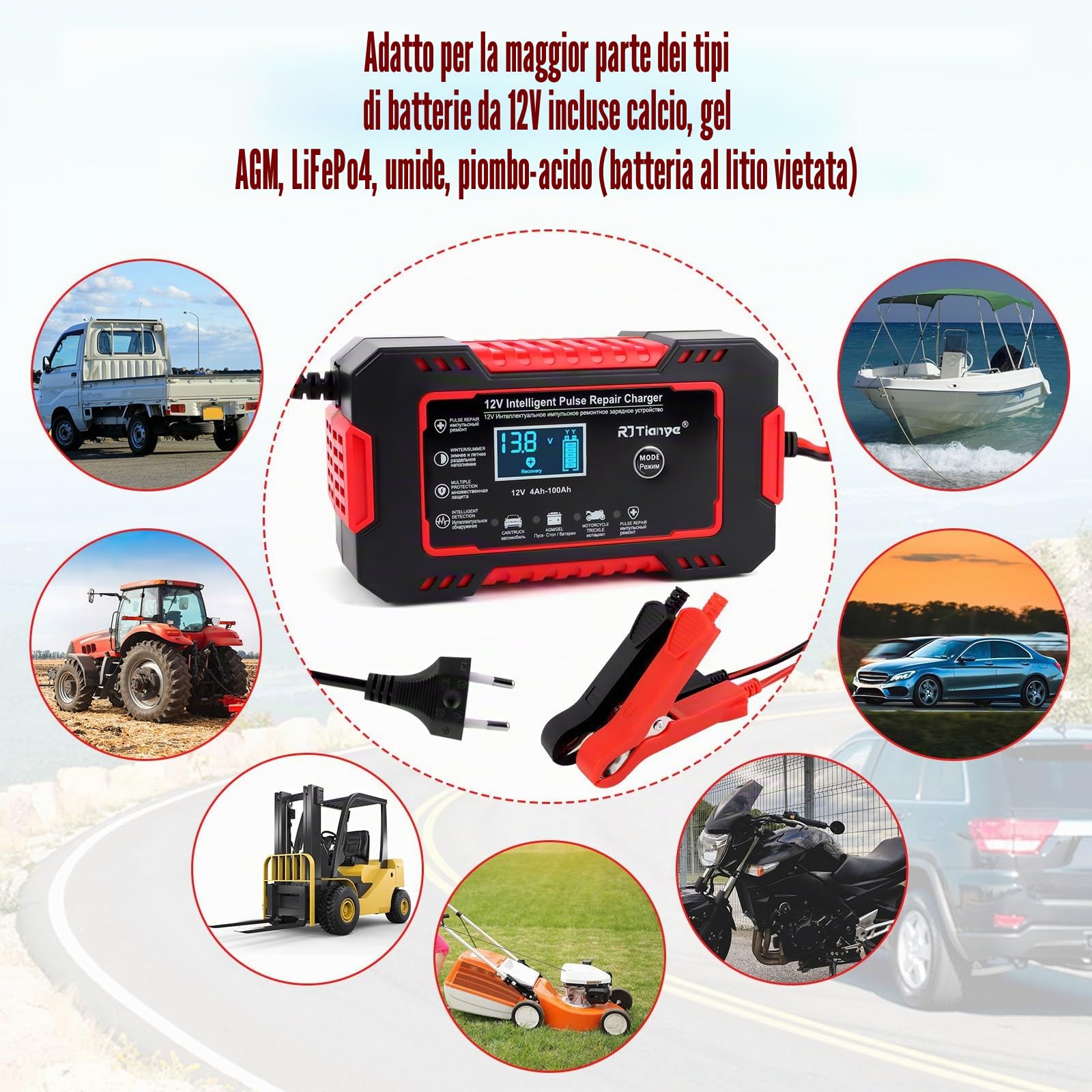 Carica Batteria per Auto 6A 12V, Caricabatterie Auto con Intelligente Schermo, Mantenitore Batteria Moto con Compensazione Della Temperatura, Carica Batteria Auto per Camion, Moto, Tosaerba, Barca