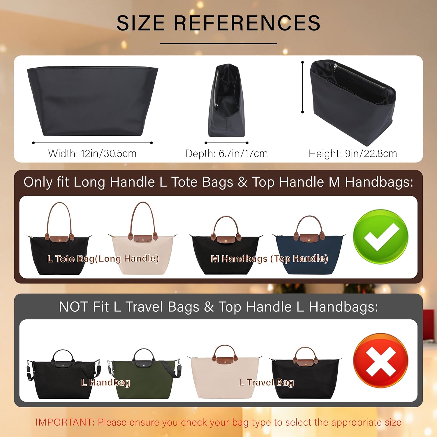 Soft Nylon Purse Organizer Insert for Longchamp Le Pliage L Tote Bag,Lightweight Luxury Long Champ Large Tote Divider Shaper with Cup Holder,Zipper Bags Inner Linner with 7 Deepened Pockets,L/Black