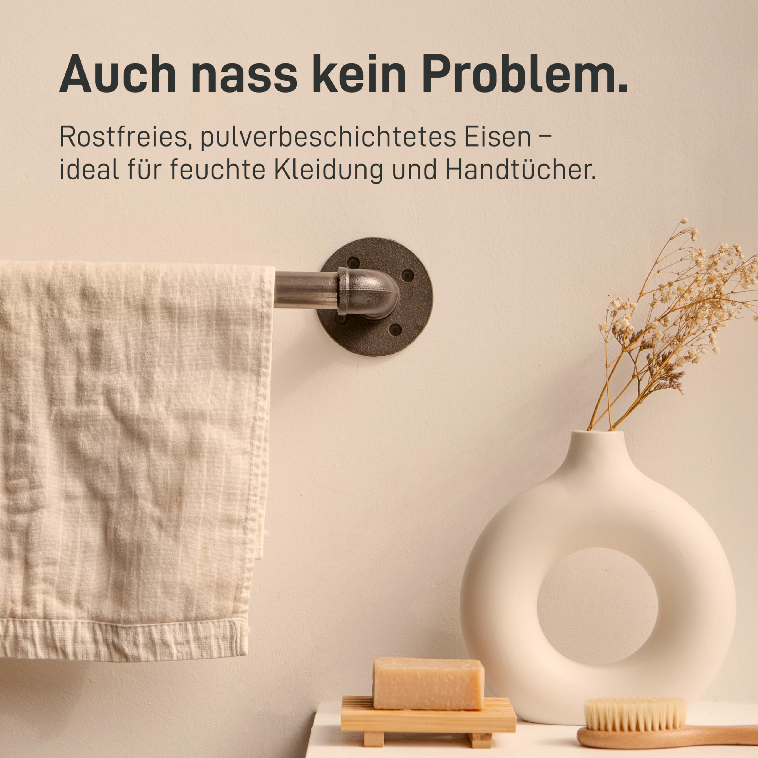 Natural Goods Berlin Kleider-Stange Pipe GARD Wall | Einfache Wand-Montage | Garderoben-Stange im Industrial Design | Kleider-Stangen aus Metall | DIY-Garderobe Temperguss | T6cm * B40cm