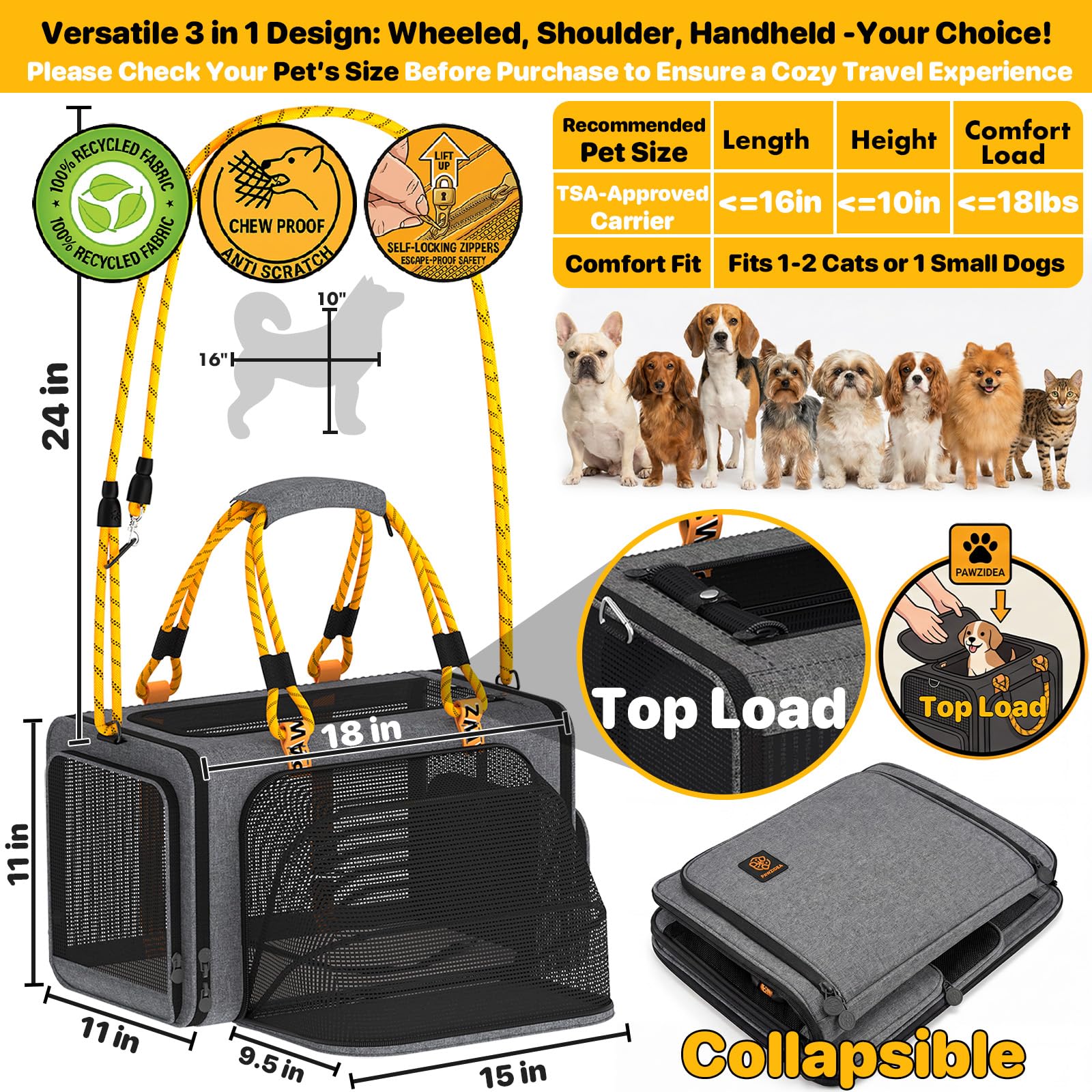 PAWZIDEA Expandable Pet Carrier Airline Approved, 18&times;11&times;11 Inches Small Dog Carriers, Collapsible Top-Load Cat Carrier for 2 Cats Under Seat, Soft-Sided Puppy & Animal Travel Bag, ID Card, Up to 15lbs - image 2