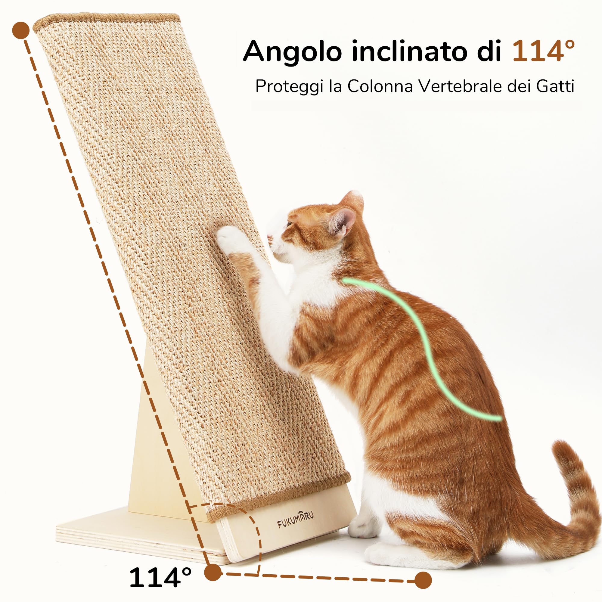 FUKUMARU Tappetino Tiragraffi per Gatti, 60cm Tiragraffi Inclinato in Sisal con Base in Legno a Forma di L, Tappetino Tiragraffi Sostituibile, Protettore per Mobili da Graffio per Divano e Mobili.