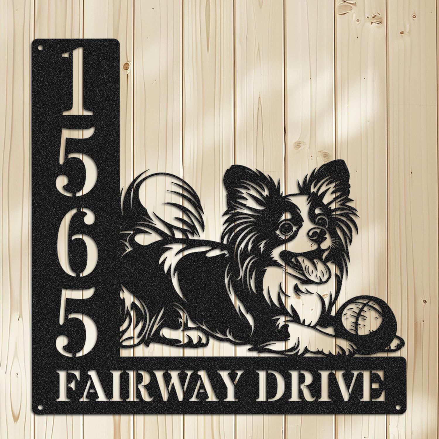 Personalized Papillon Address Sign, Custom Metal Address Plaque, Papillon Playing with Ball Design, Decorative Outdoor Garden Plaque (Papillon Address Sign)