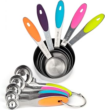 Stainless Steel Measuring Cups and Spoons Set - Metal Cup and Spoon Set to Measure Dry Food - Silicone Handles - Great for Cooking and Baking in the Kitchen - 10 Different Large to Small Measurements