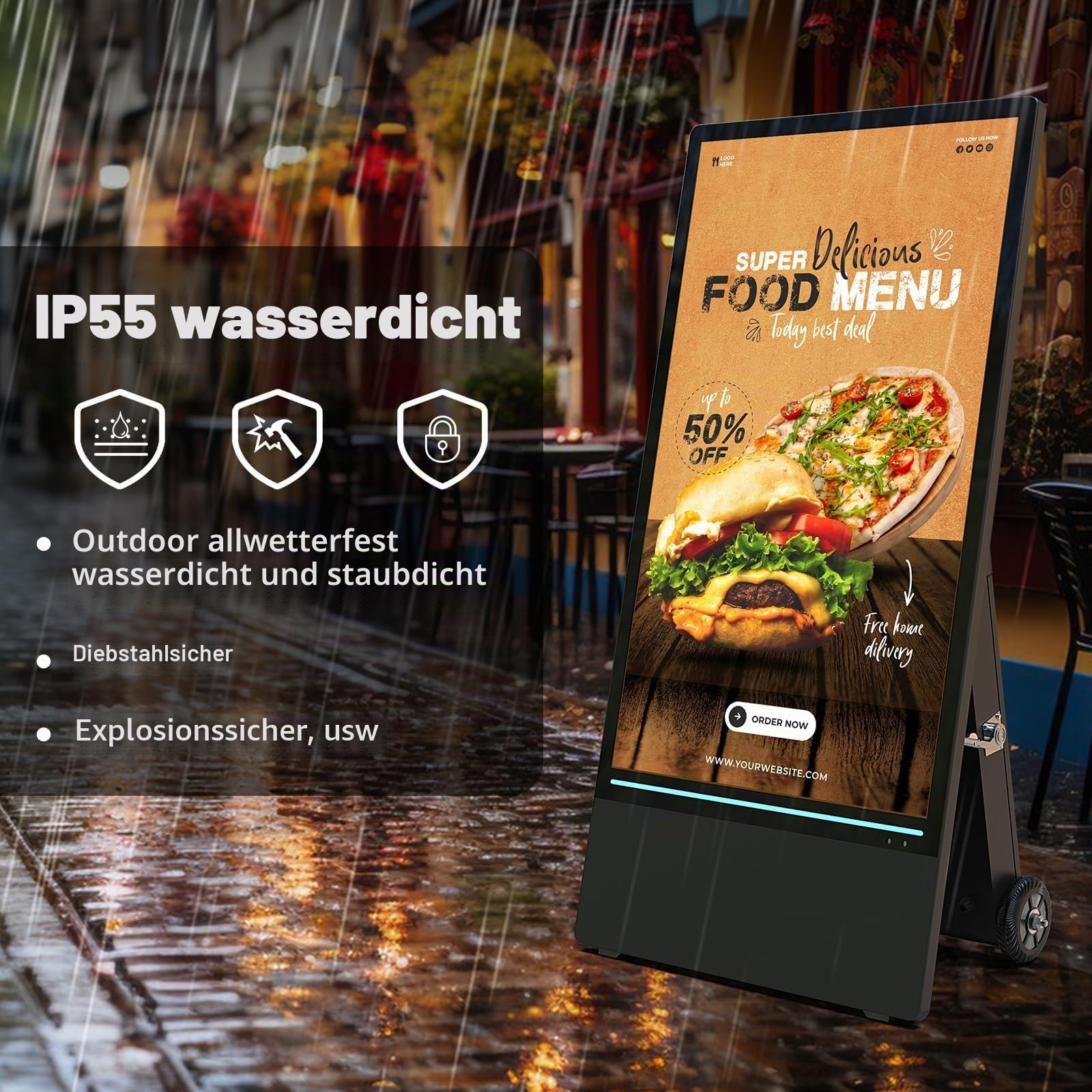 43 Zoll Digitales Werbedisplay im Freien Kundenstopper Digital Signage Player Android OS Gehwegaufsteller Werbetafel IPS HD Plakataufsteller LCD Plakatständer in schwarz