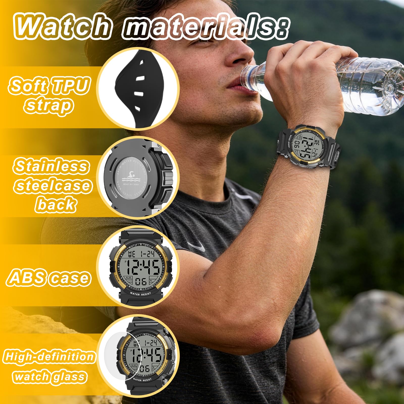 Edillas Orologio digitale impermeabile fino a 30 m con sveglia, per ragazzi attivi (nero oro)