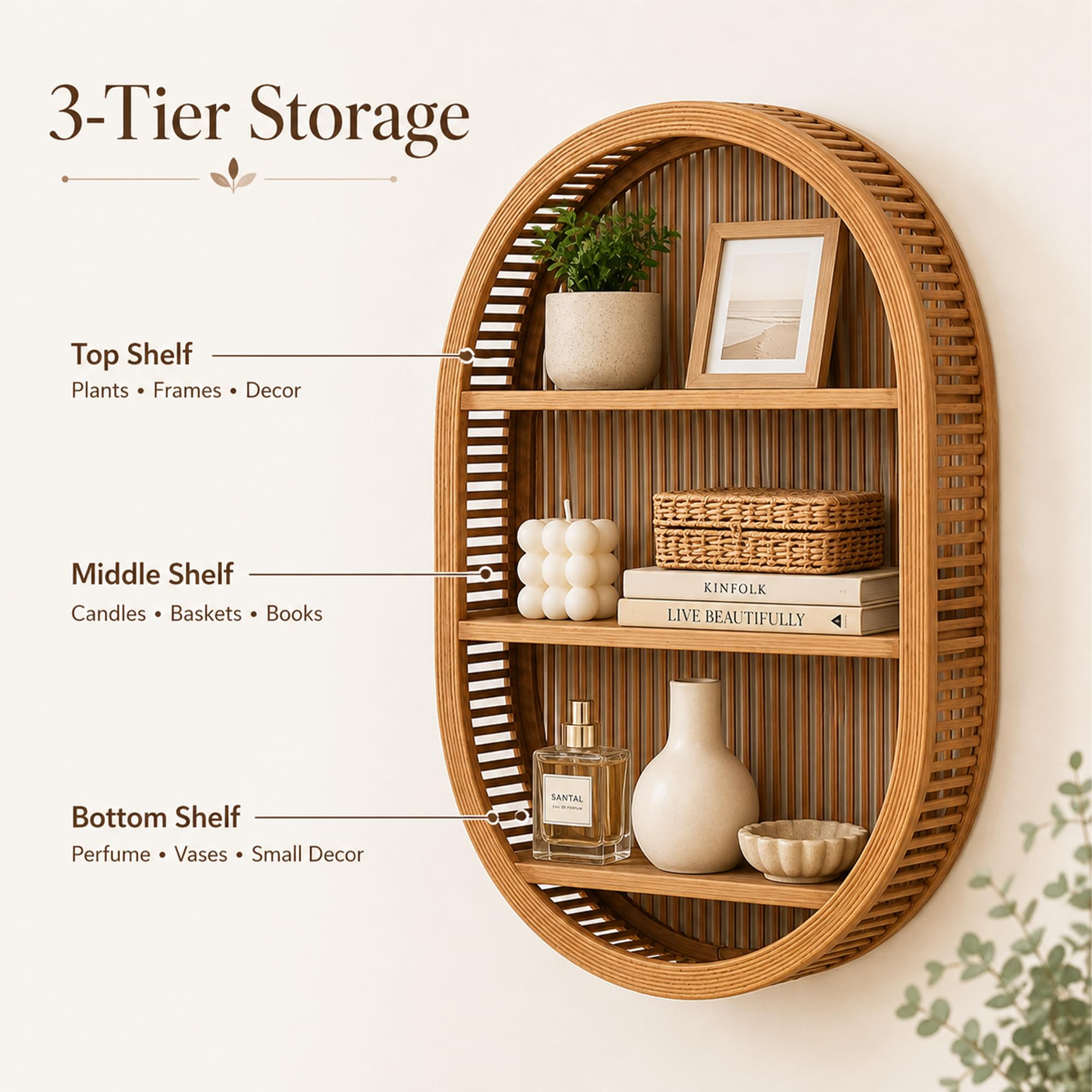 JSWHYBD Estante de Pared de ratán 3 Niveles, Organizador Decorativo Boho
