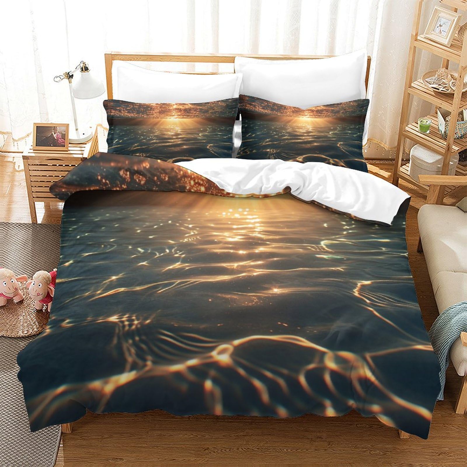 P1s9u7w5y Water Ripple Artistic Water Reflection 3D Printed Duvet Cover Set 3Pcs Microfiber Wave Bedding Set Double（200X200cm）